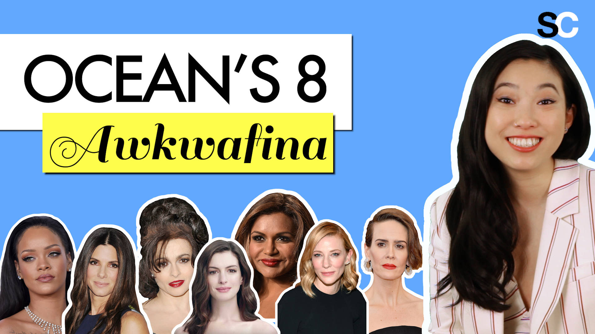 Awkwafina, Ocean's 8, vibrant blue background, Full HD Desktop Wallpaper