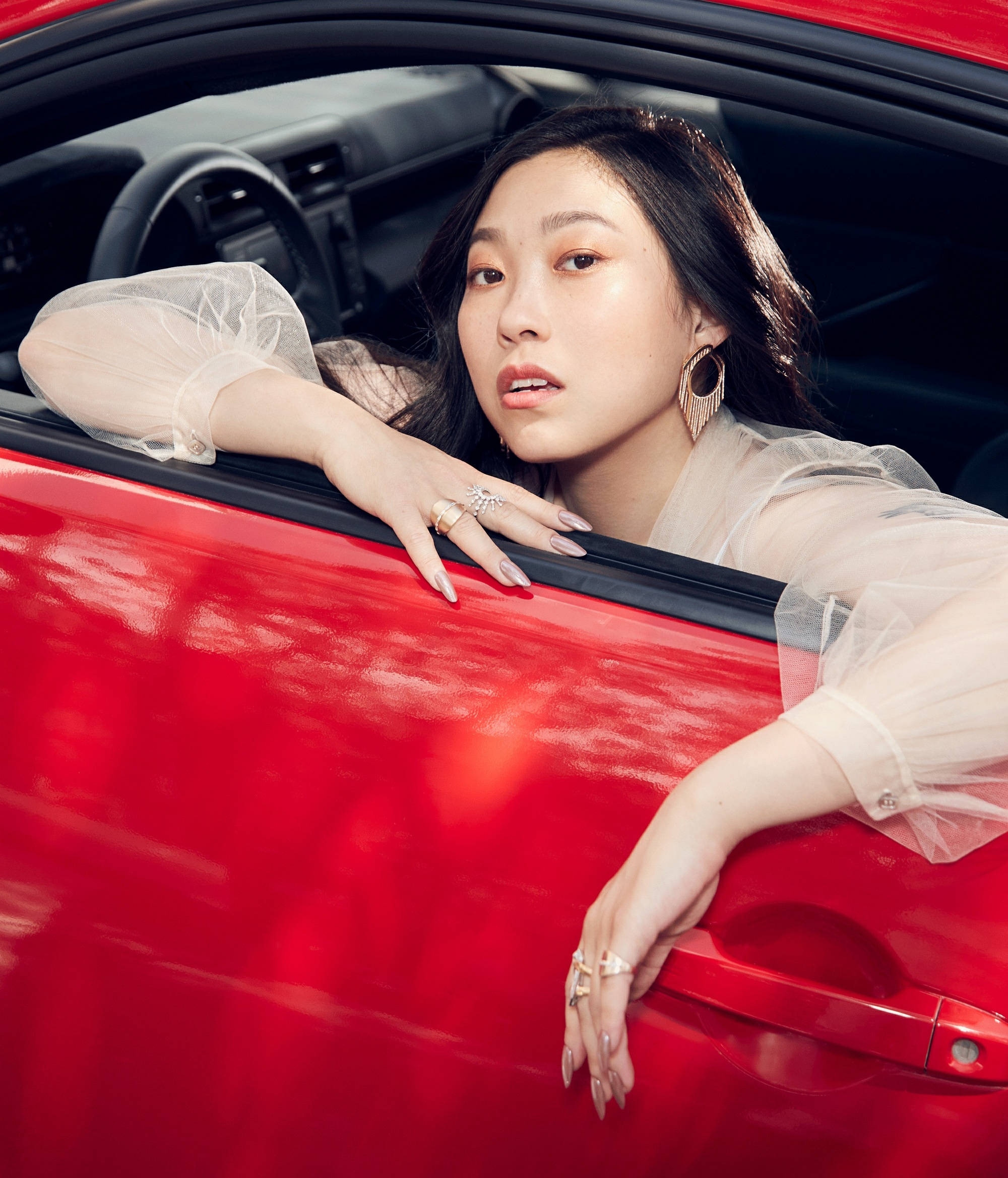 Awkwafina, red painted car, glossy red, Full HD Phone Wallpaper