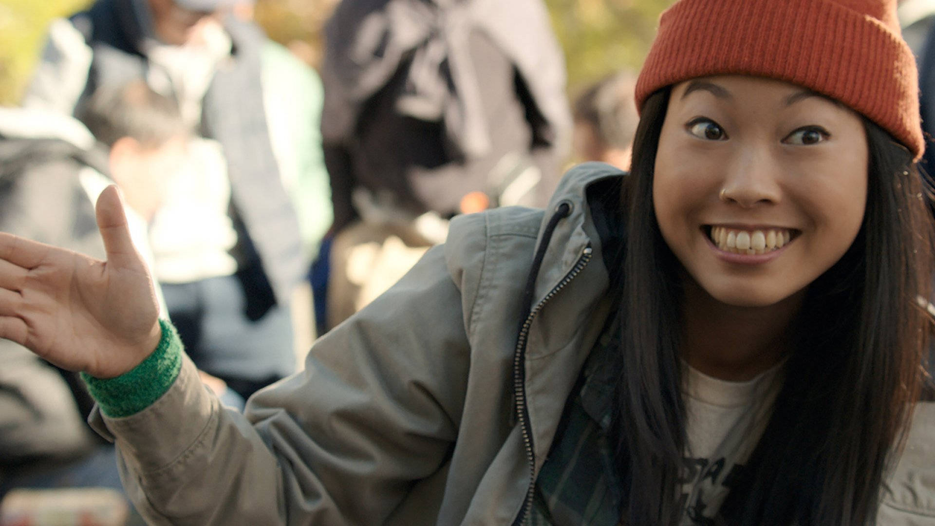 Awkwafina, orange beanie, orange jacket, Full HD Desktop Wallpaper