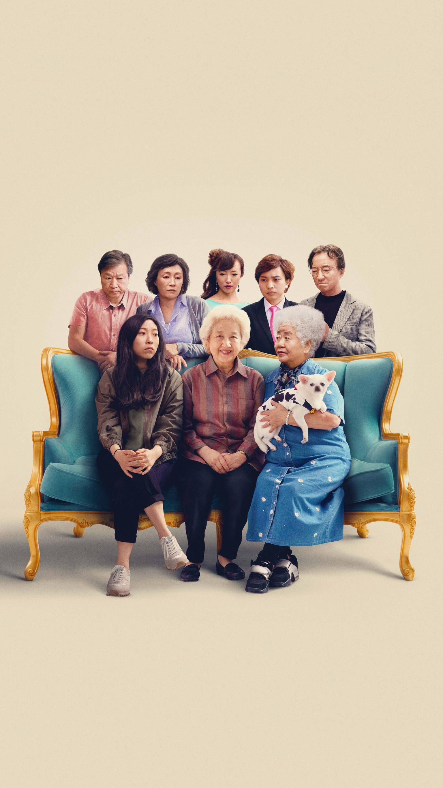 Awkwafina, Korean family, vintage teal and gold sofa, 2K Phone Wallpaper