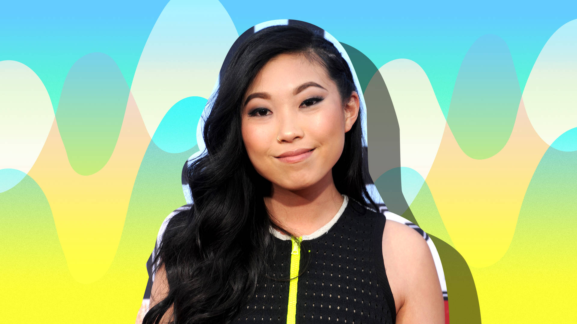 Awkwafina, long dark hair, vibrant abstract background, Full HD Desktop Wallpaper