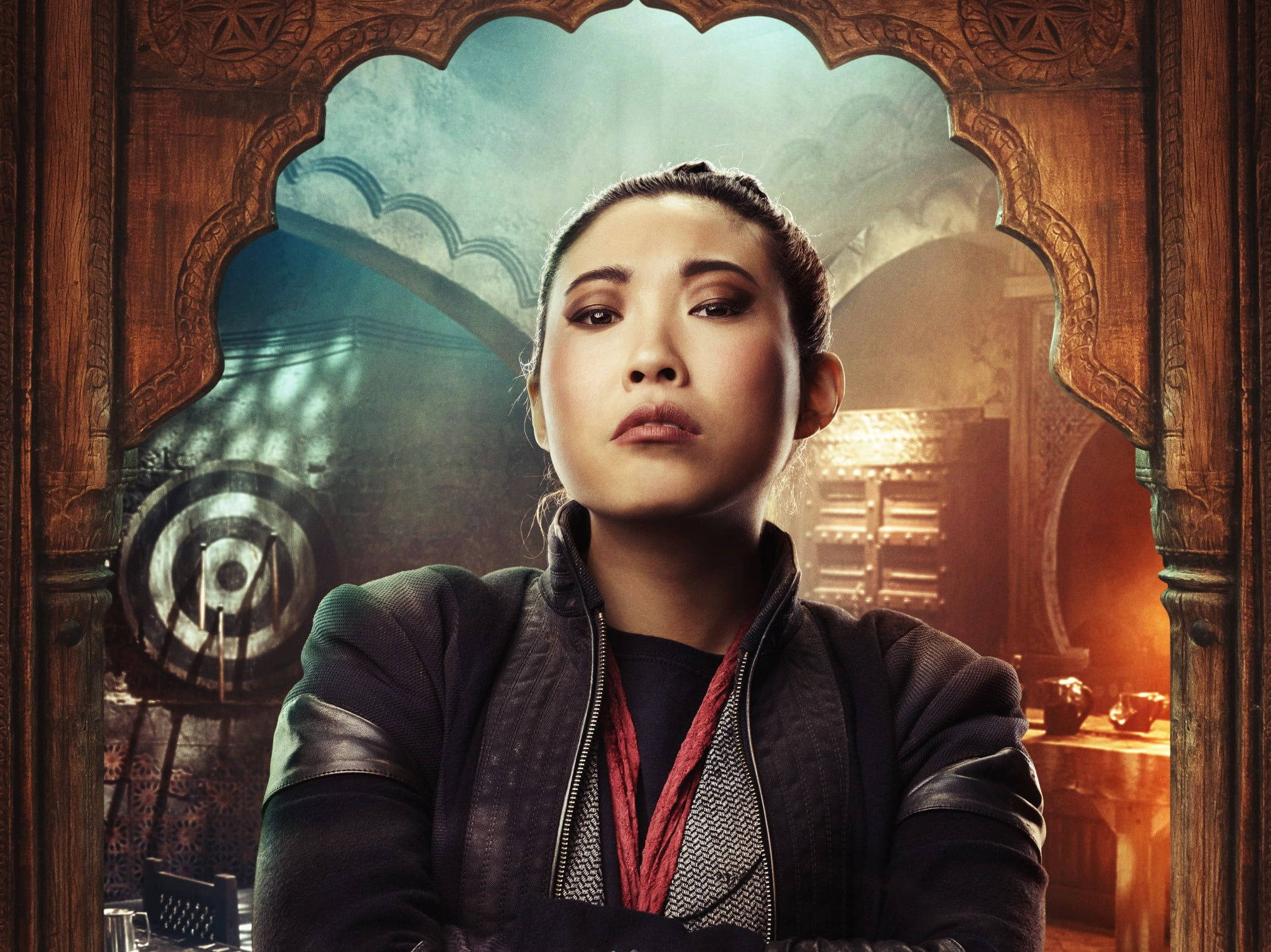 Awkwafina, wooden archway, mystical chamber, Full HD Desktop Wallpaper