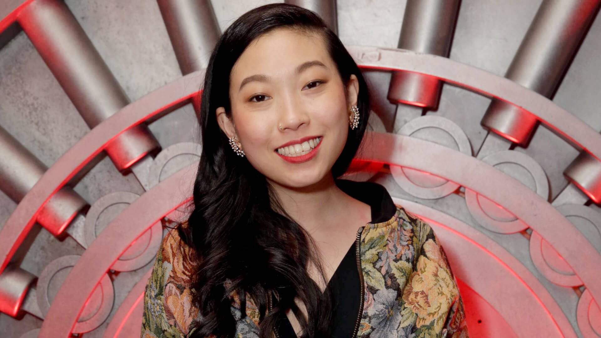 Awkwafina, floral bomber jacket, red-lit metallic circular background, Full HD Desktop Wallpaper