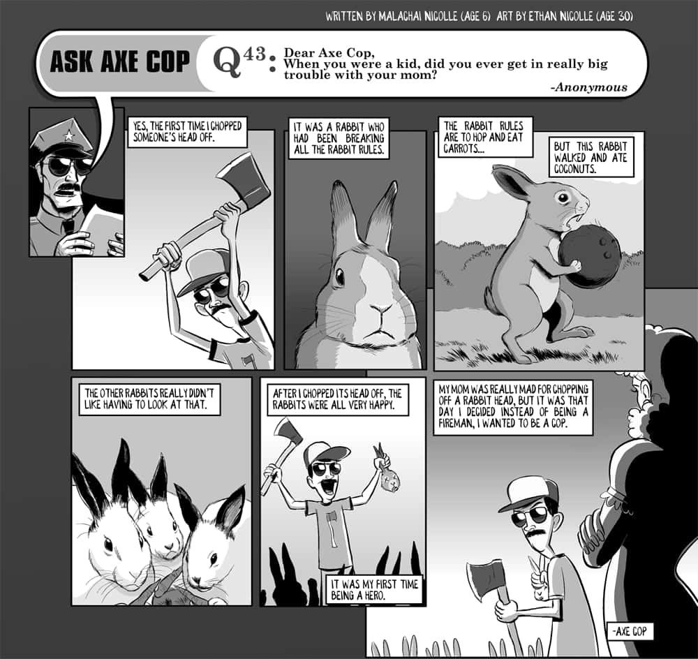 Axe Cop, coconut-eating rabbit, black and white comic strip, SD Desktop Wallpaper