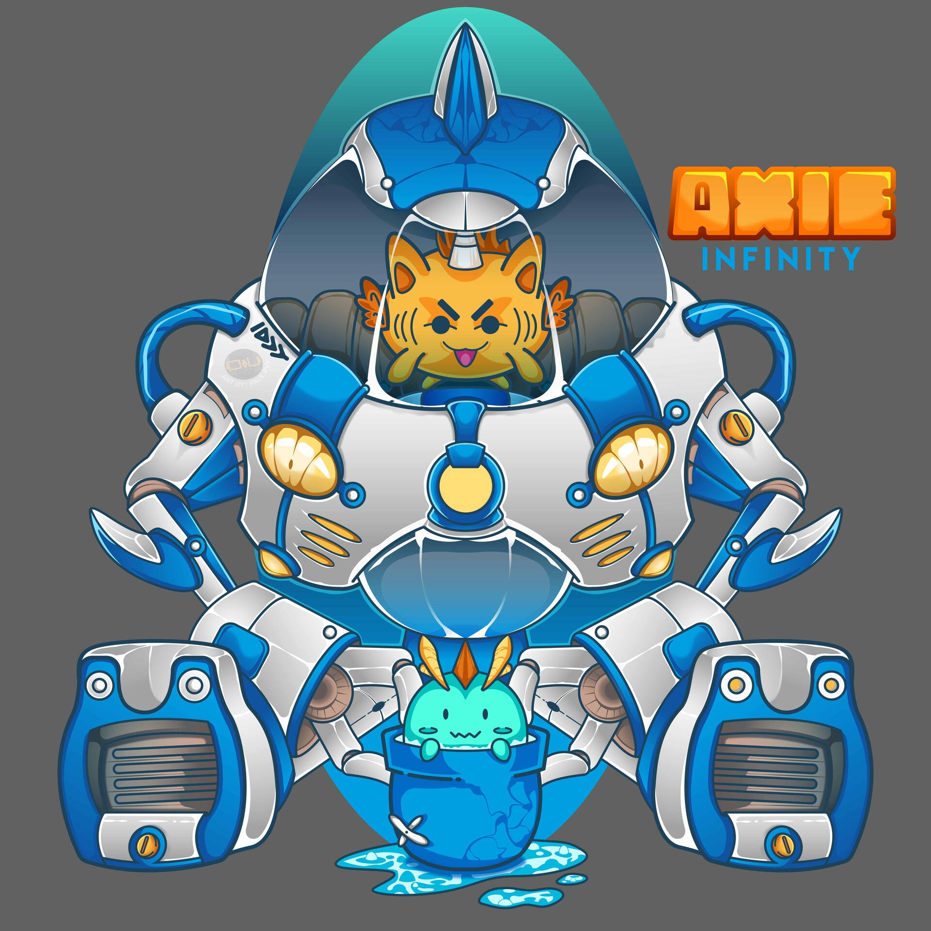 Axie Infinity, blue and silver mech suit, grumpy expression, Full HD Desktop Wallpaper