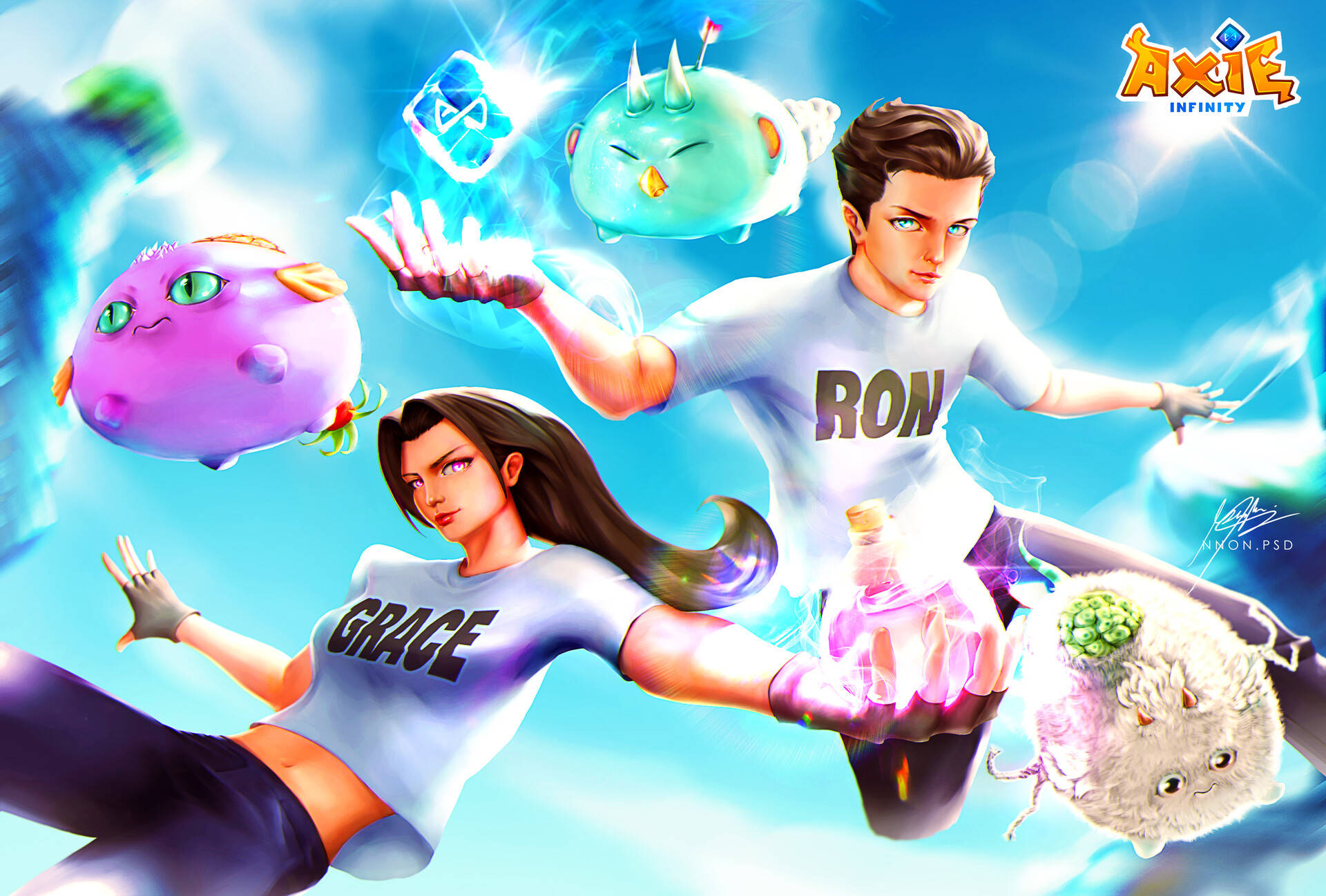 Axie Infinity, game digital cover, glowing axie creatures, Full HD Desktop Wallpaper