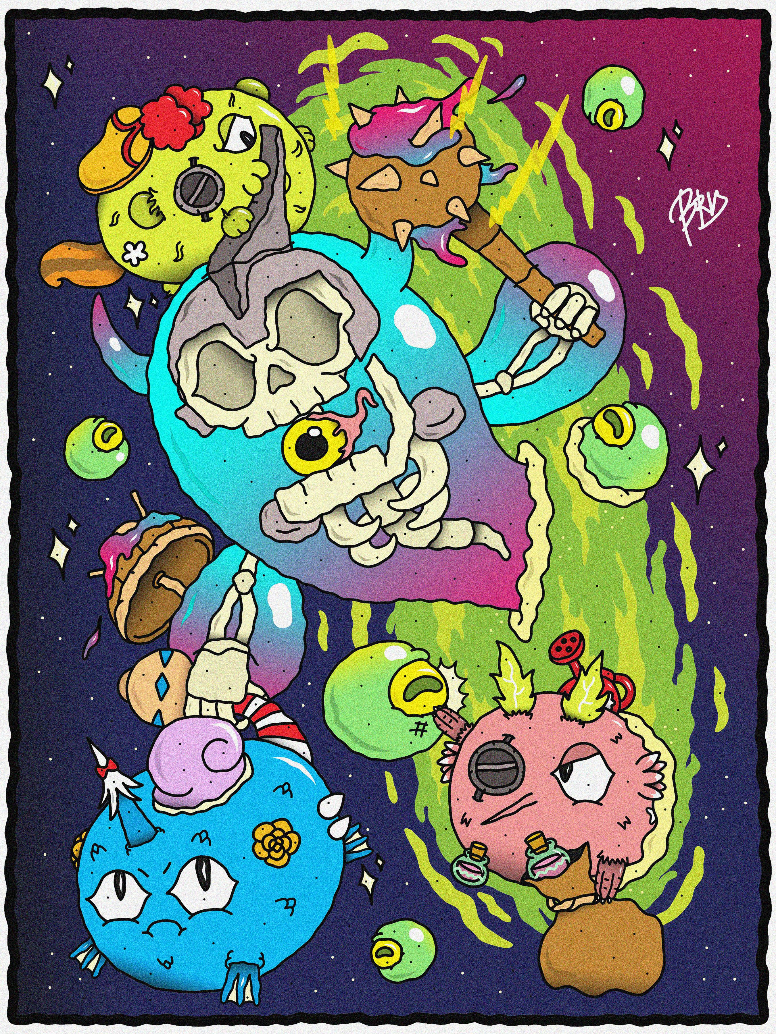 Axie Infinity, comic fanart, surreal cosmic scene, 2K Phone Wallpaper