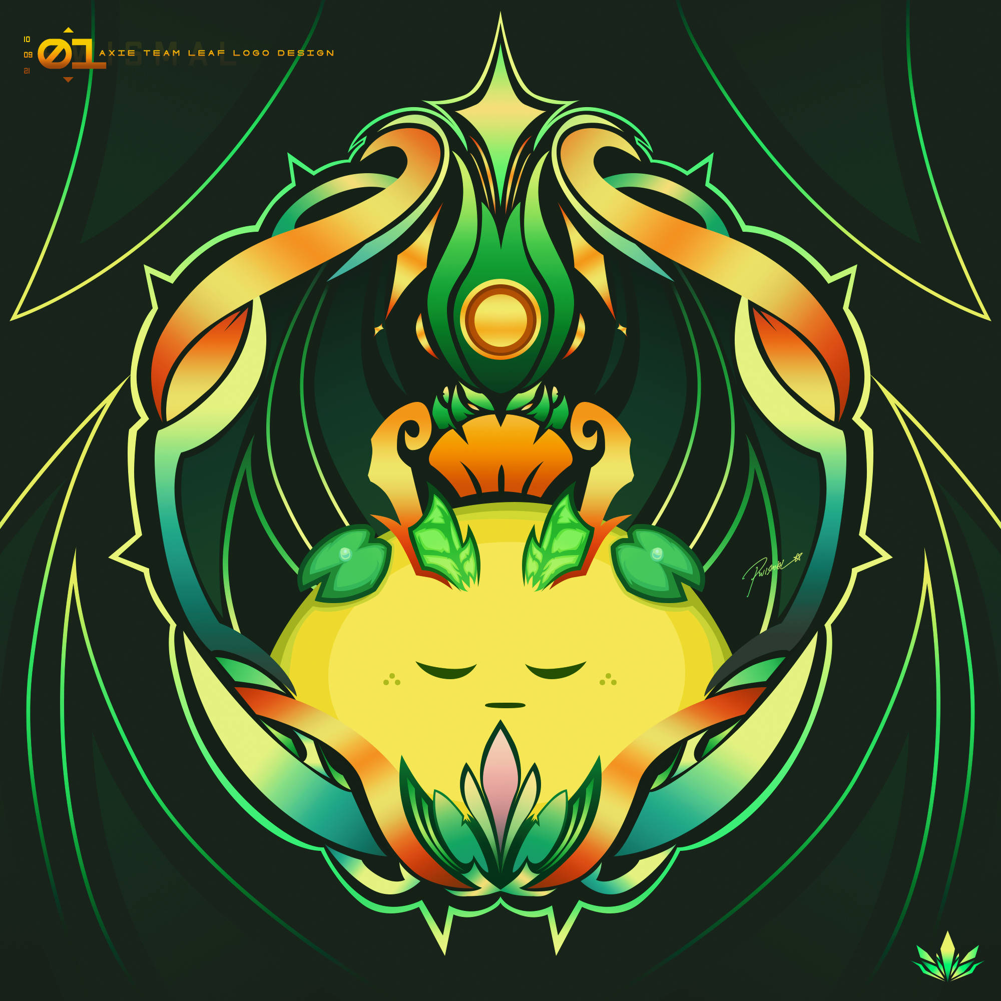 Axie Infinity, yellow Axie character, green leafy adornments, Full HD Desktop Wallpaper