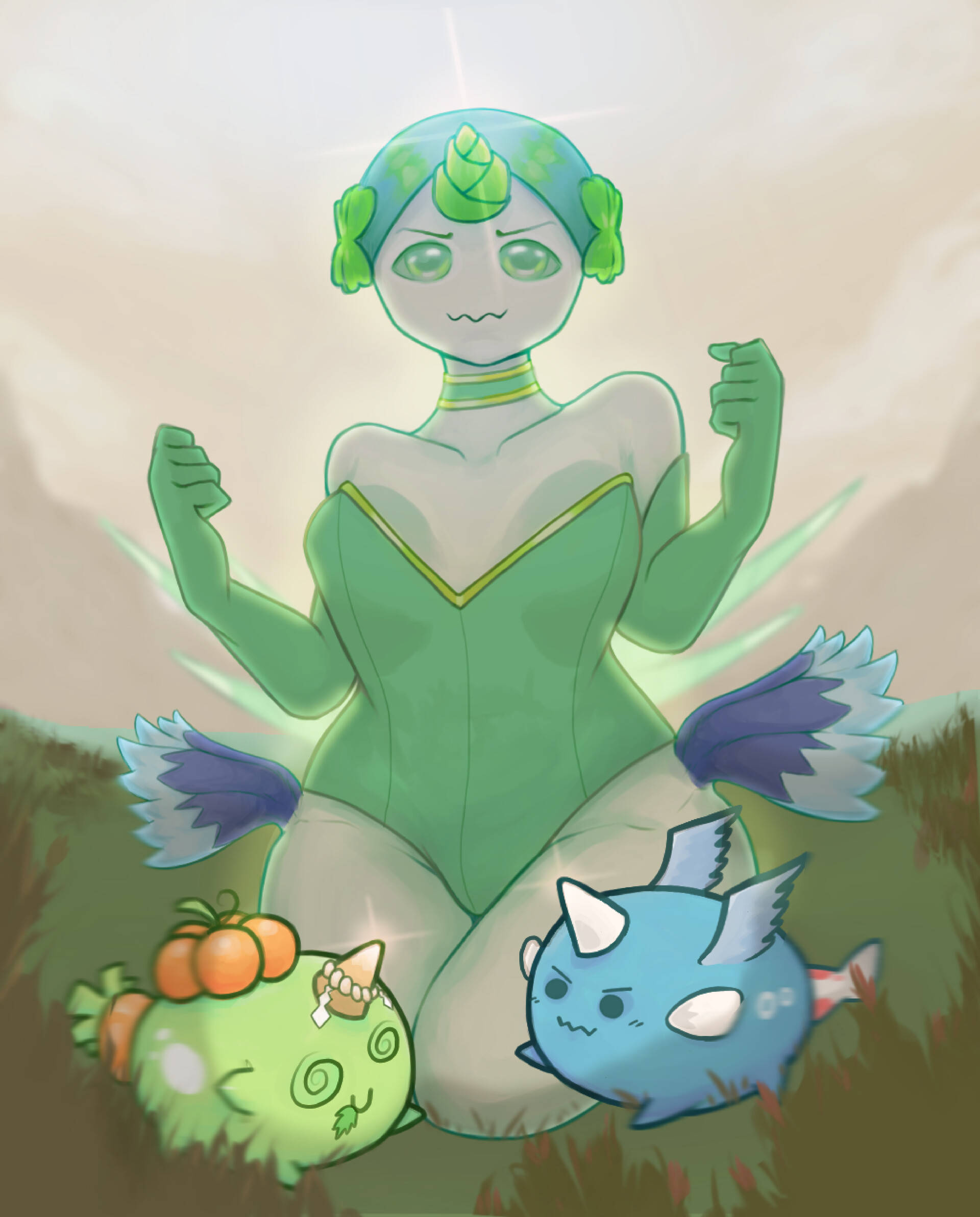Axie Infinity, green-skinned anime goddess, leafy hair, Full HD Phone Wallpaper