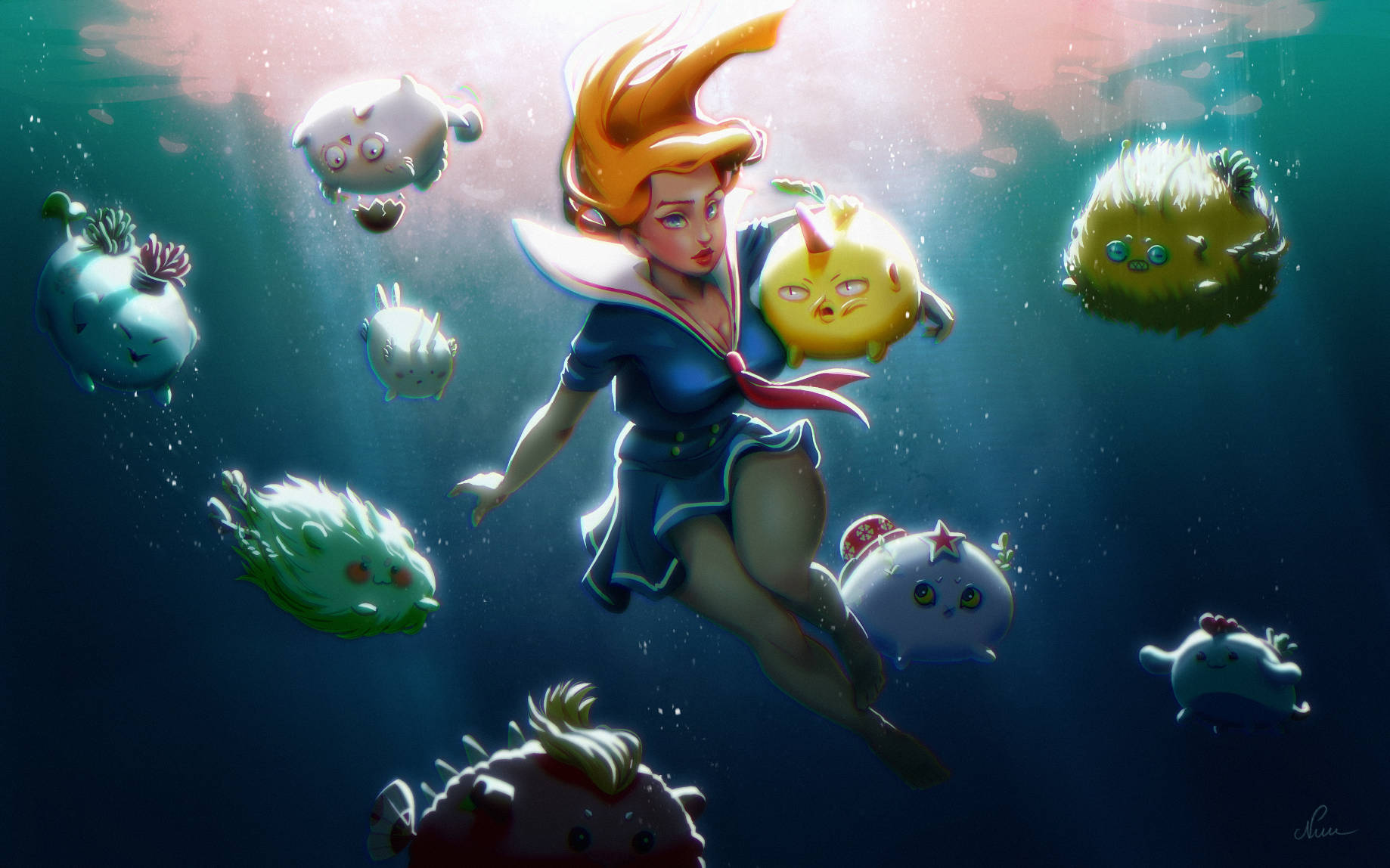 Axie Infinity, blonde anime girl, blue sailor outfit, HD Desktop Wallpaper