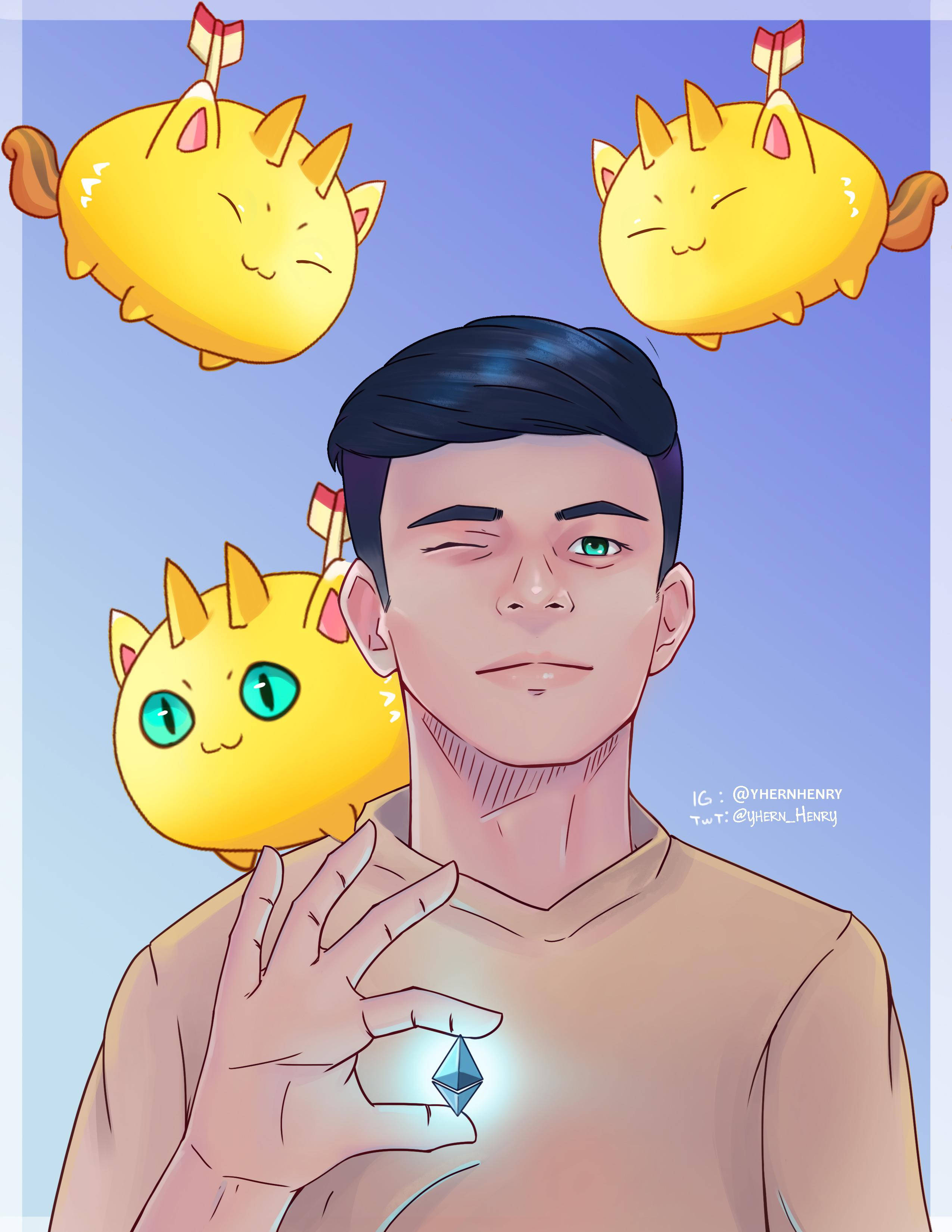 Axie Infinity, glowing blue diamond, floating yellow cat-like creatures, 2K Phone Wallpaper