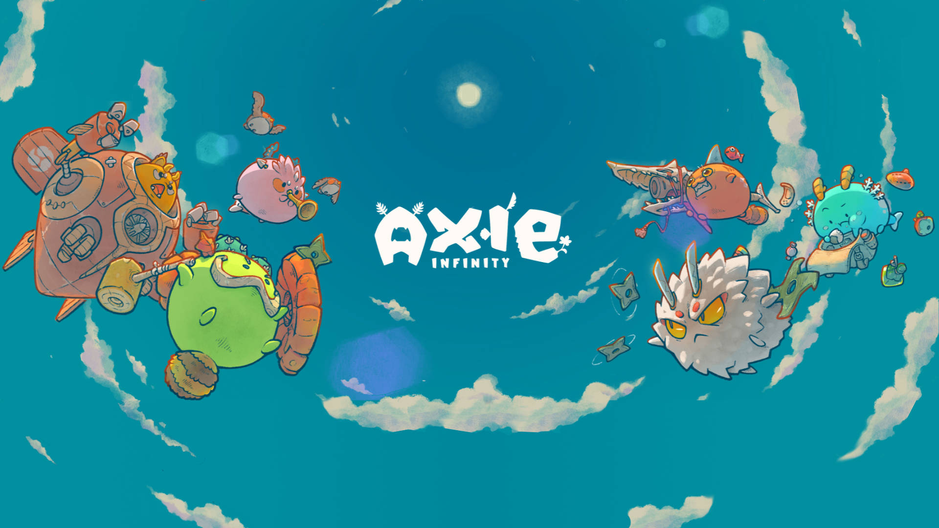 Axie Infinity, teal sky, fluffy clouds, Full HD Desktop Wallpaper