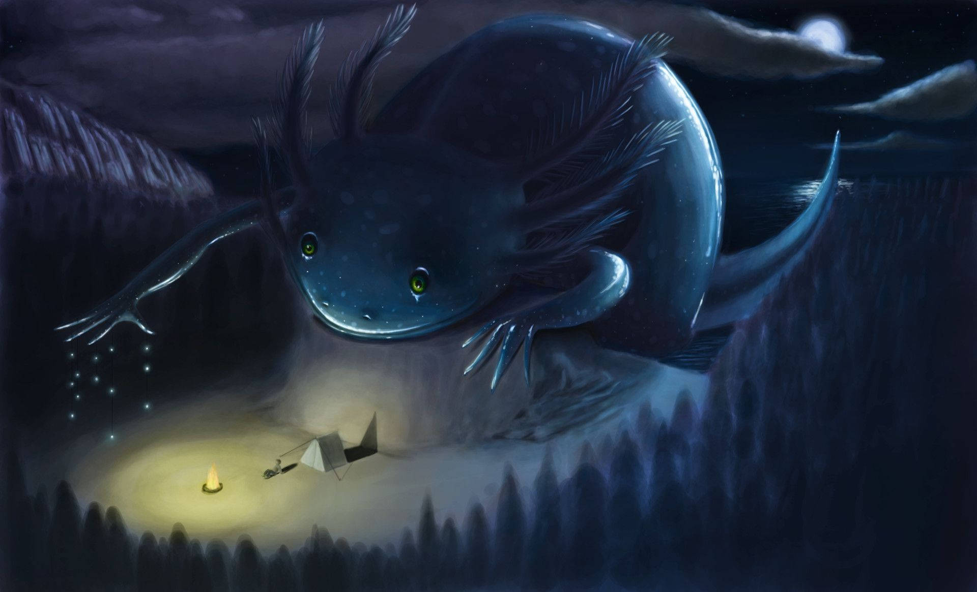 axolotl, campfire, tent, Full HD Desktop Wallpaper