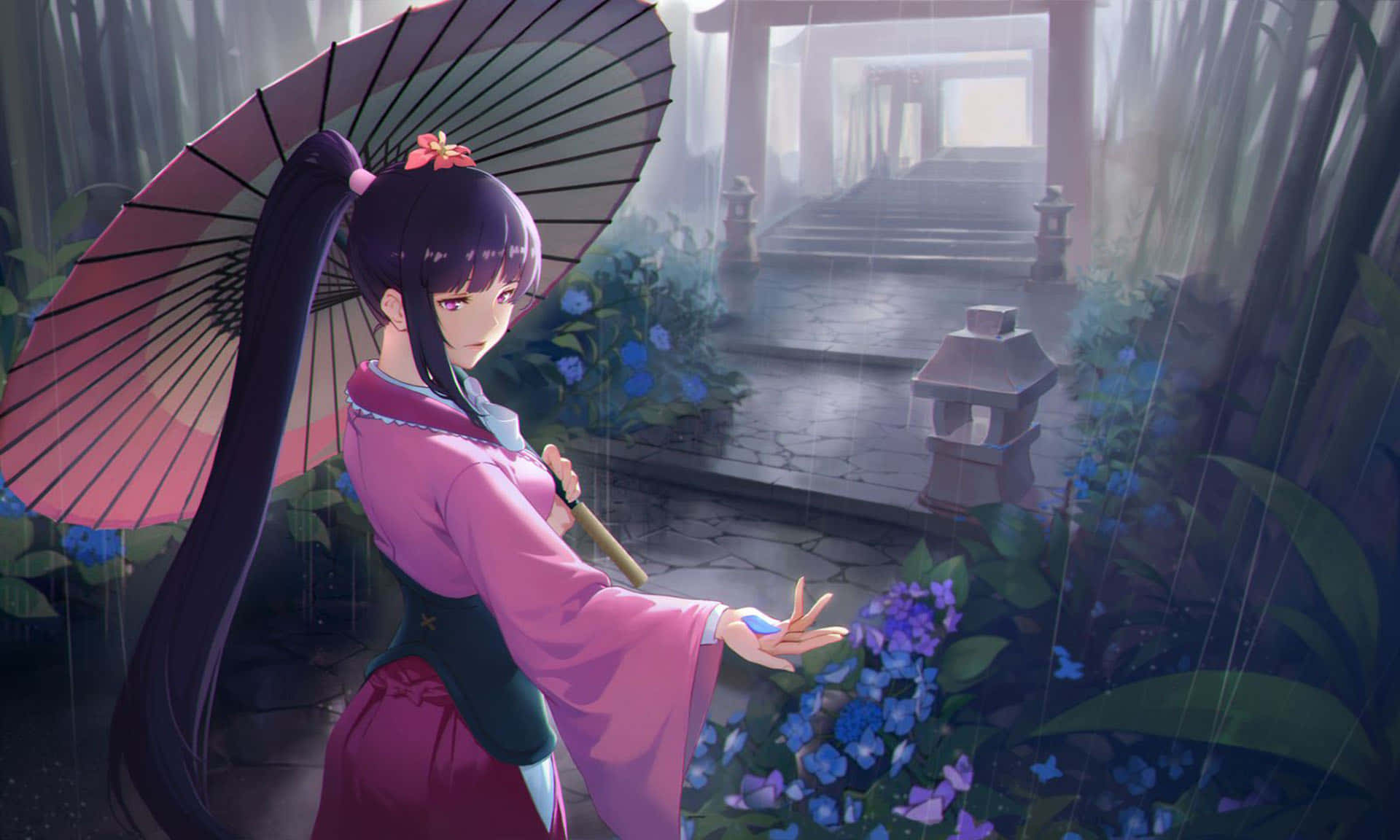 Ayame Yomogawa, pink kimono, red umbrella, Full HD Desktop Wallpaper