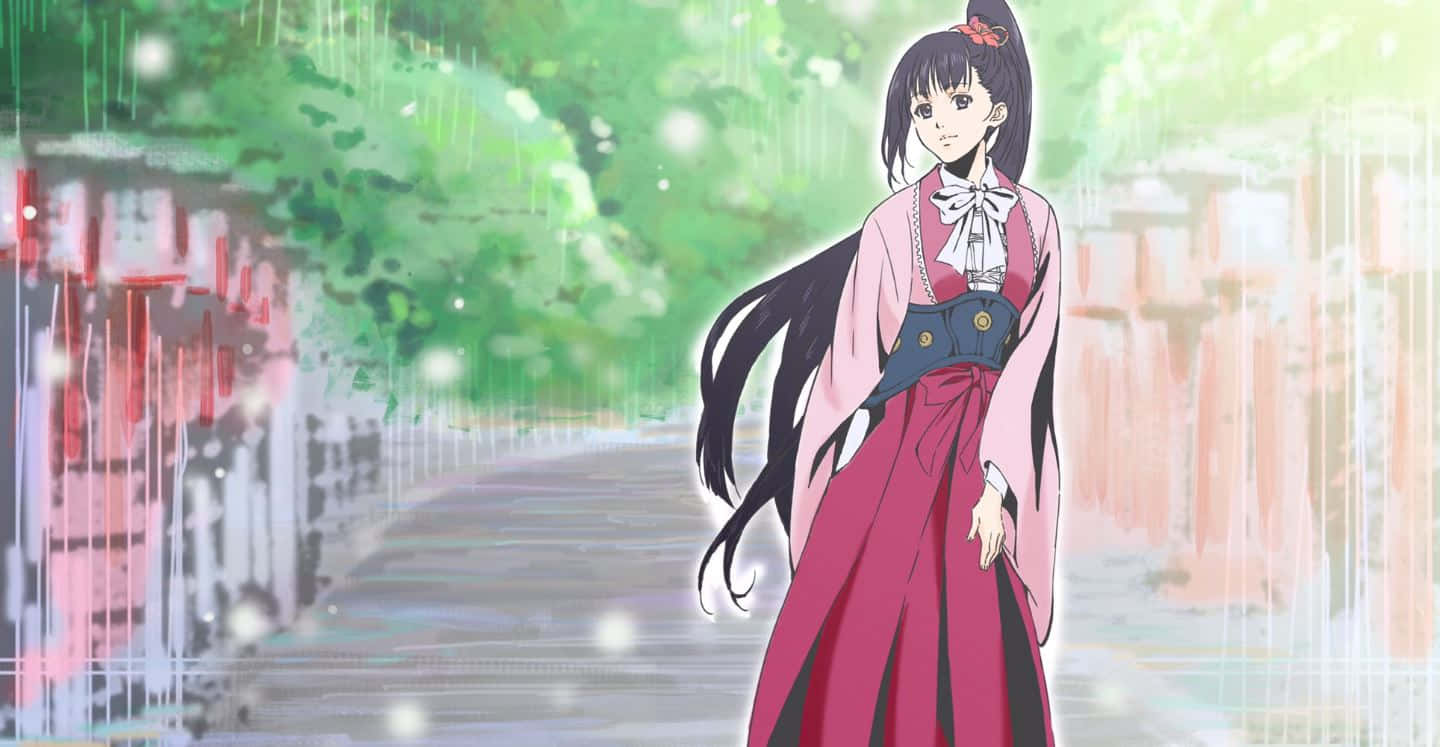 Ayame Yomogawa, pink and blue kimono, rainy street, HD Desktop Wallpaper