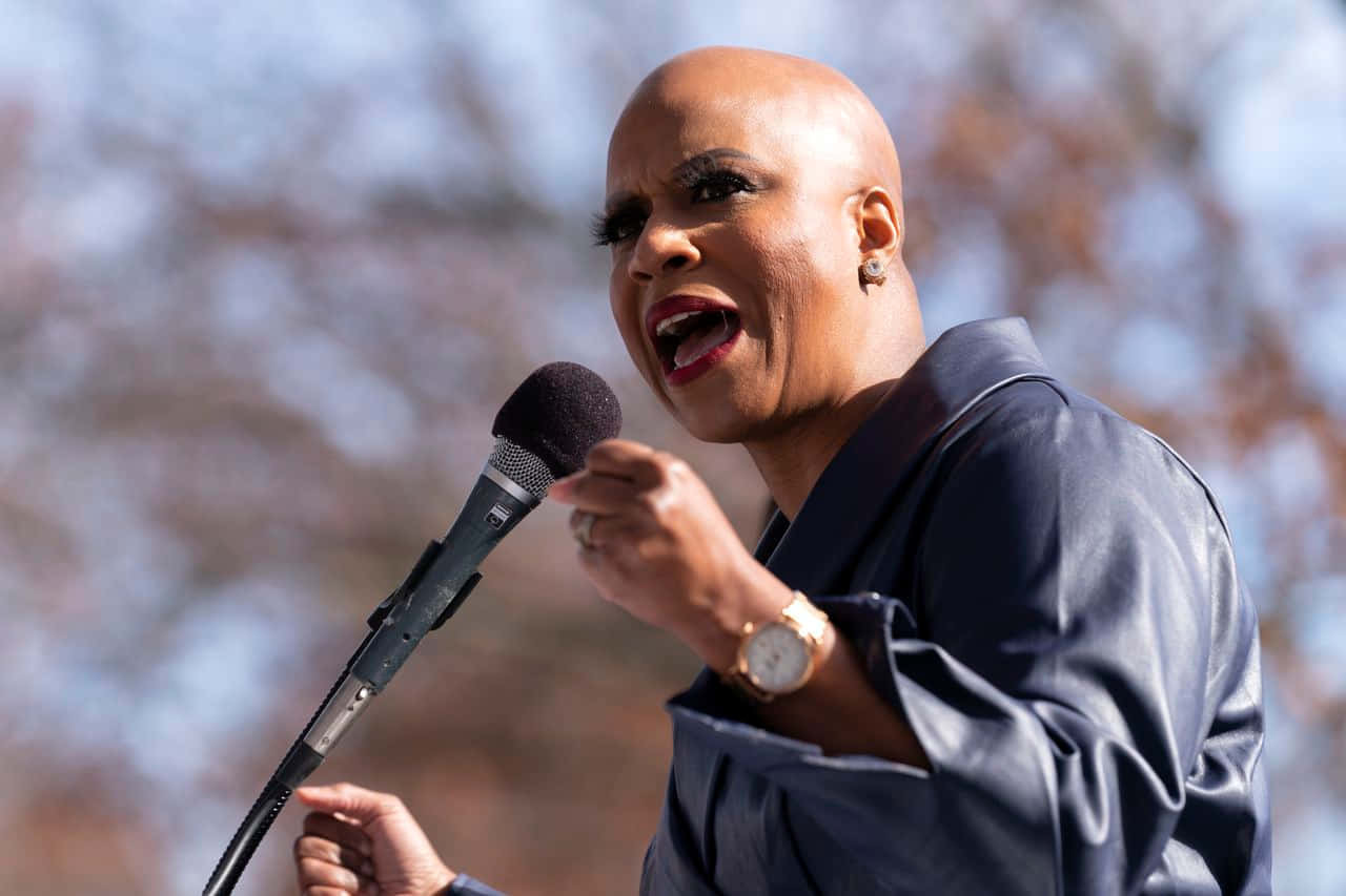 Ayanna Pressley, blue jacket, microphone, HD Desktop Wallpaper