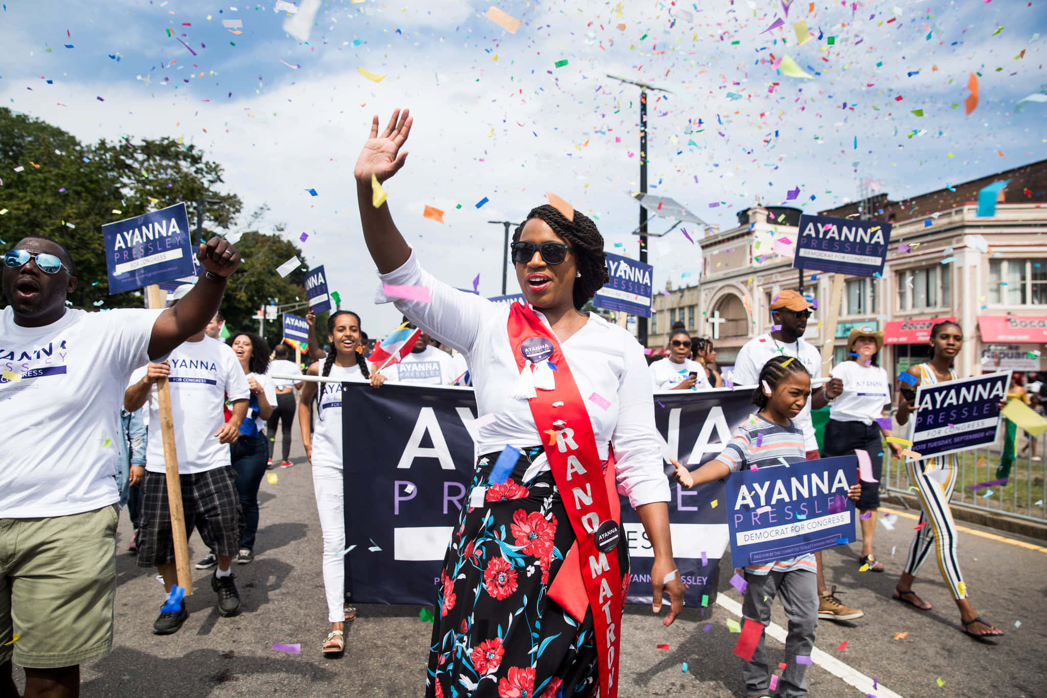 Ayanna Pressley, floral skirt, red sash, Full HD Desktop Wallpaper