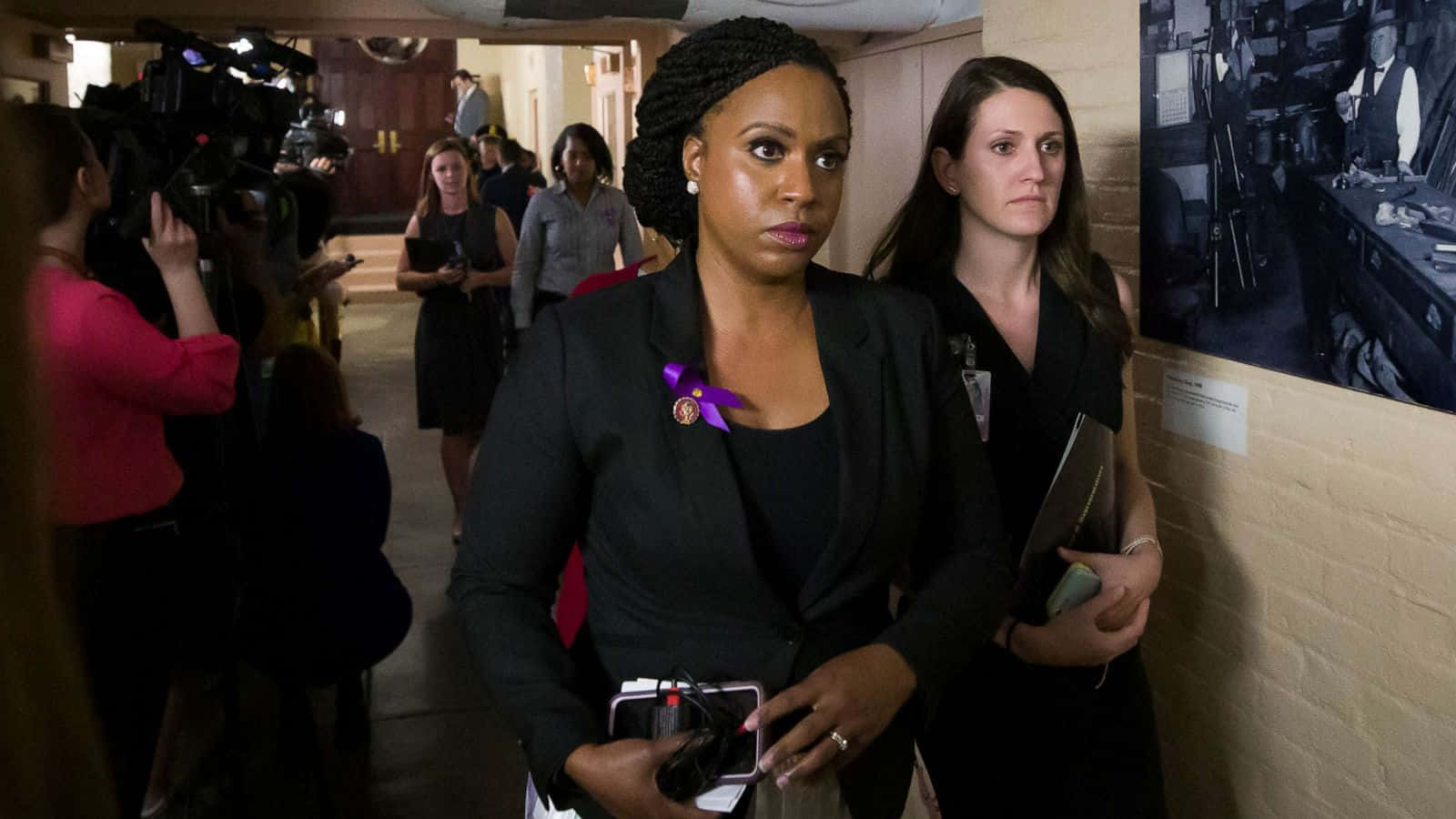 Ayanna Pressley, black suit, purple pin, HD Desktop Wallpaper