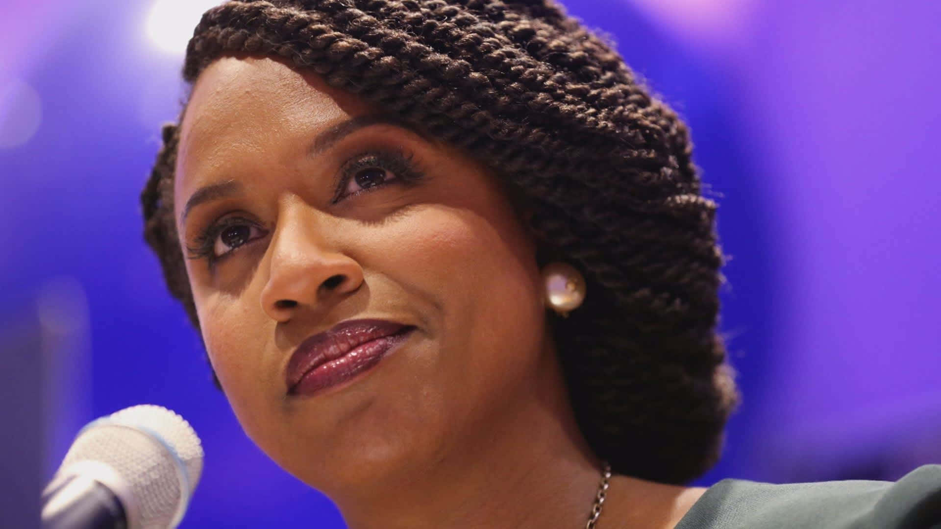 Ayanna Pressley, purple background, close-up, Full HD Desktop Wallpaper