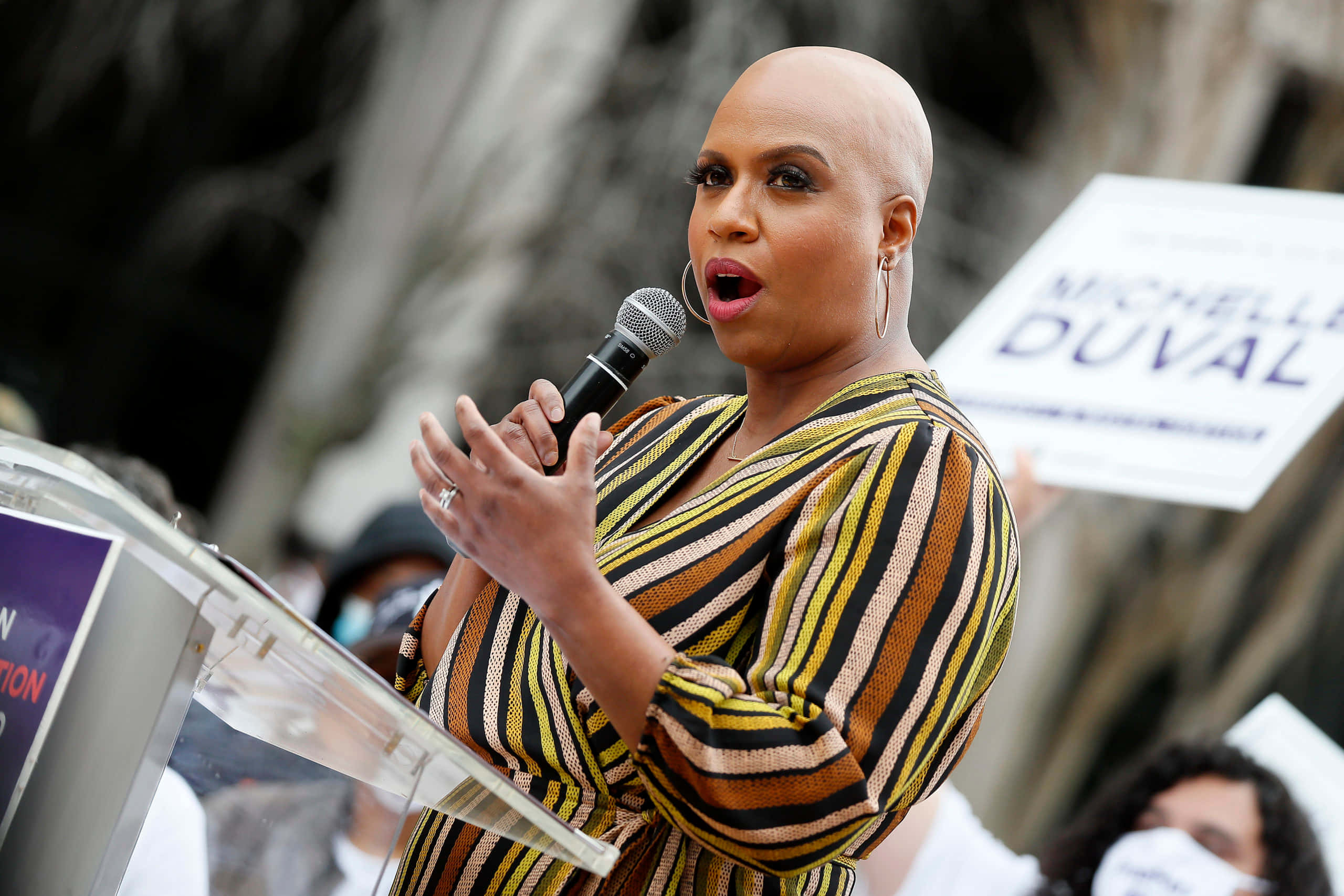 Ayanna Pressley, podium, striped blouse, 2K Desktop Wallpaper