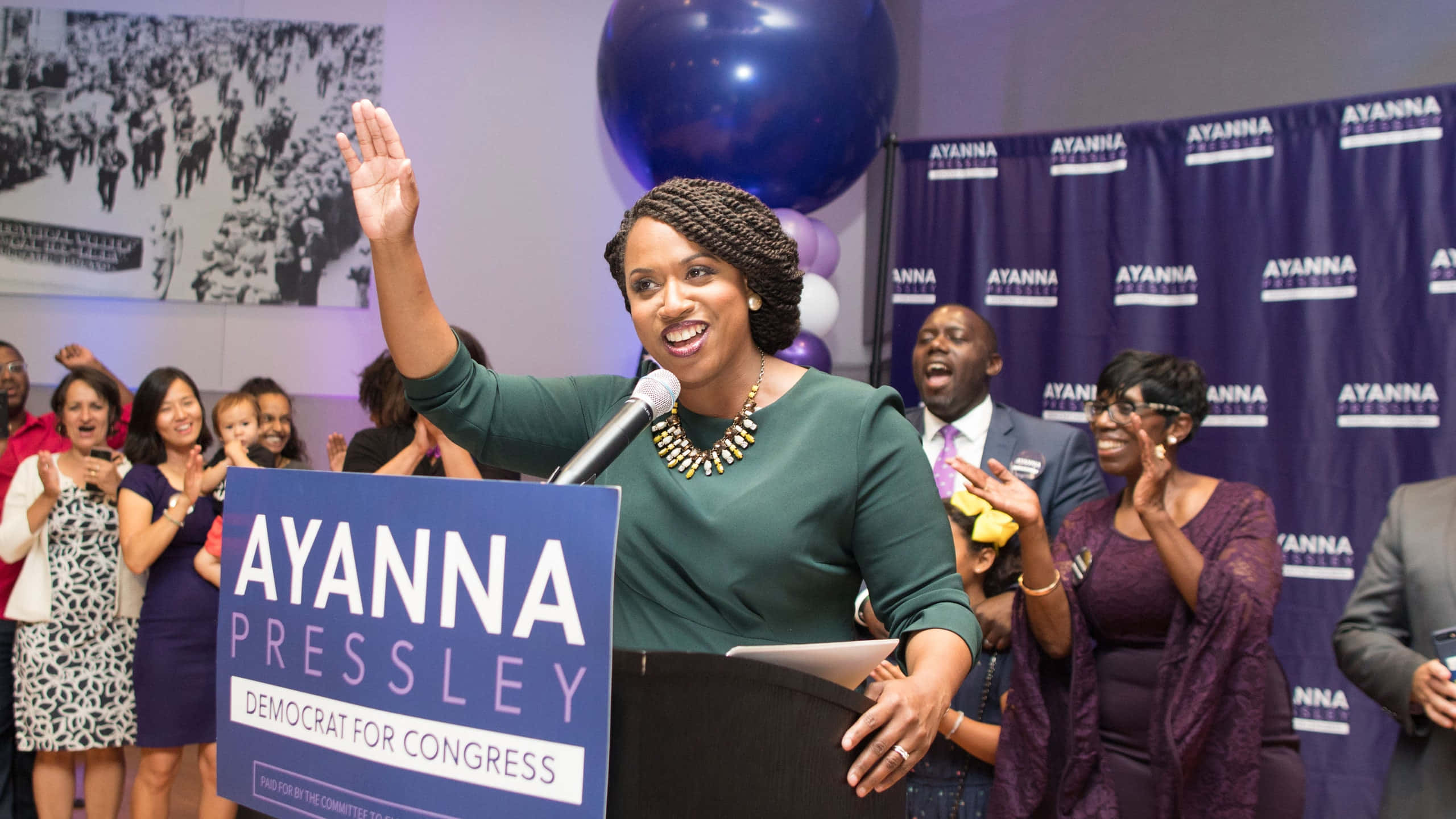 Ayanna Pressley, campaign event, podium, 2K Desktop Wallpaper