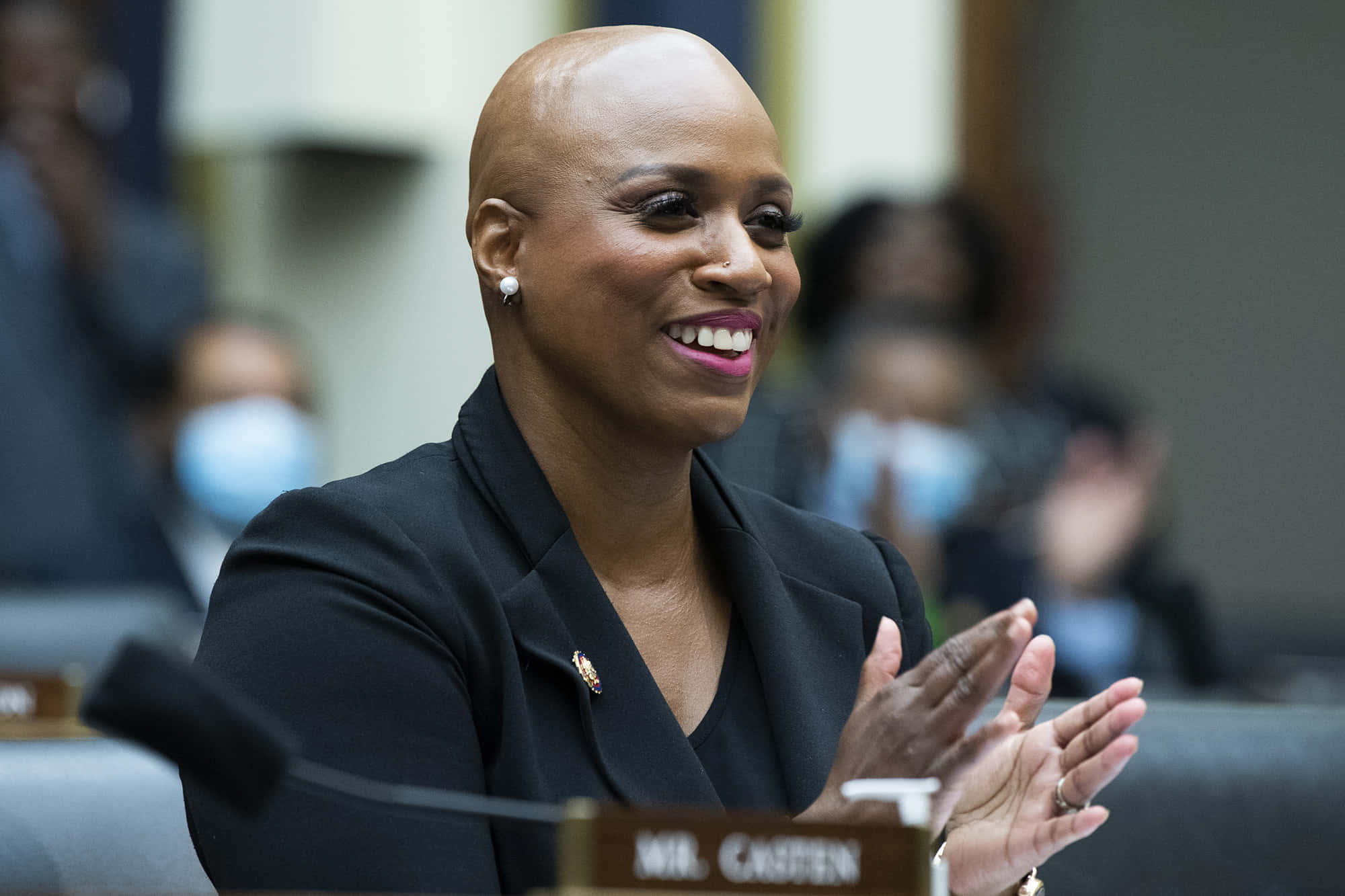 Ayanna Pressley, black blazer, nameplate, Full HD Desktop Wallpaper