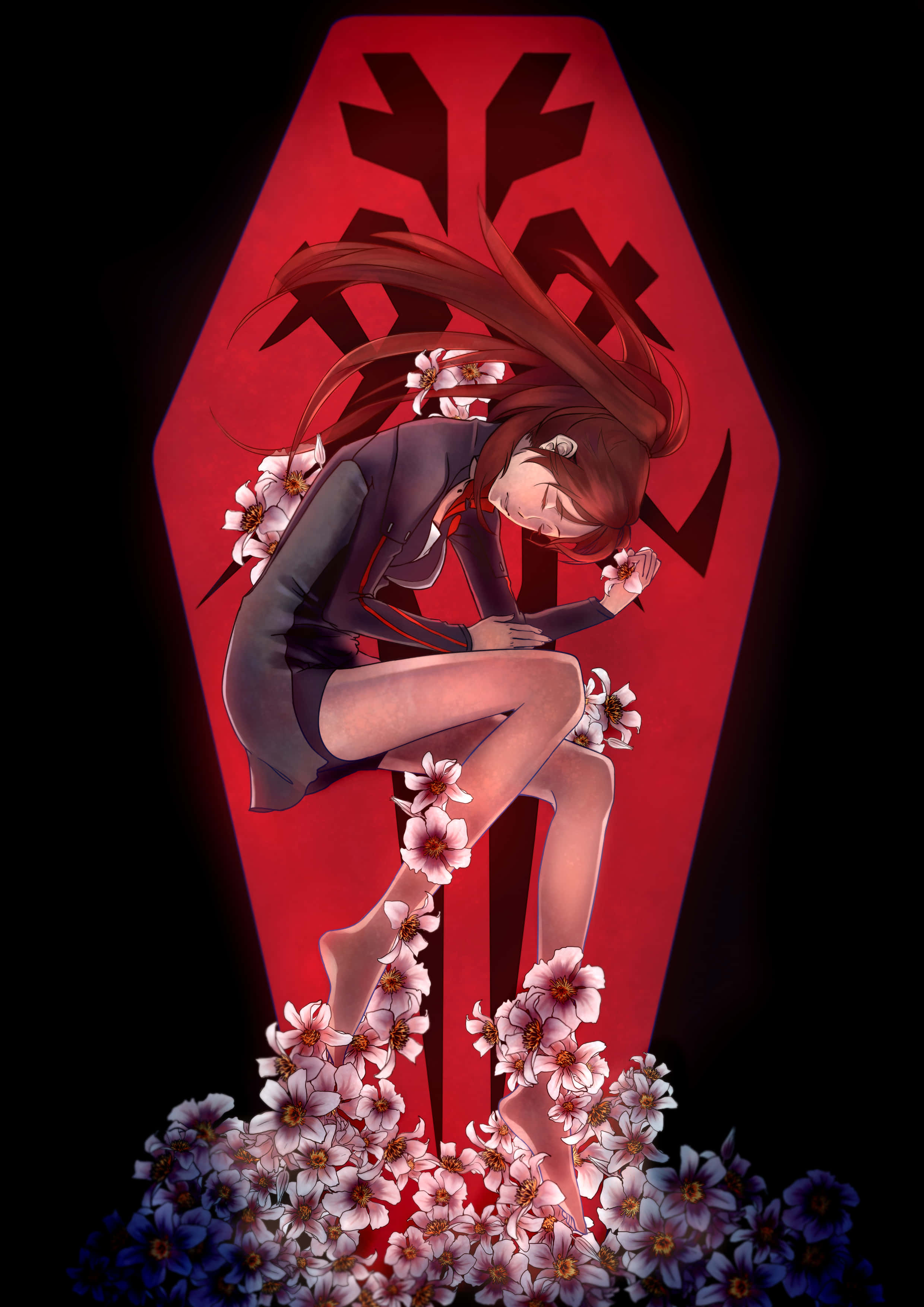 Ayase Shinomiya, red-haired anime girl, glowing red coffin, 2K Phone Wallpaper