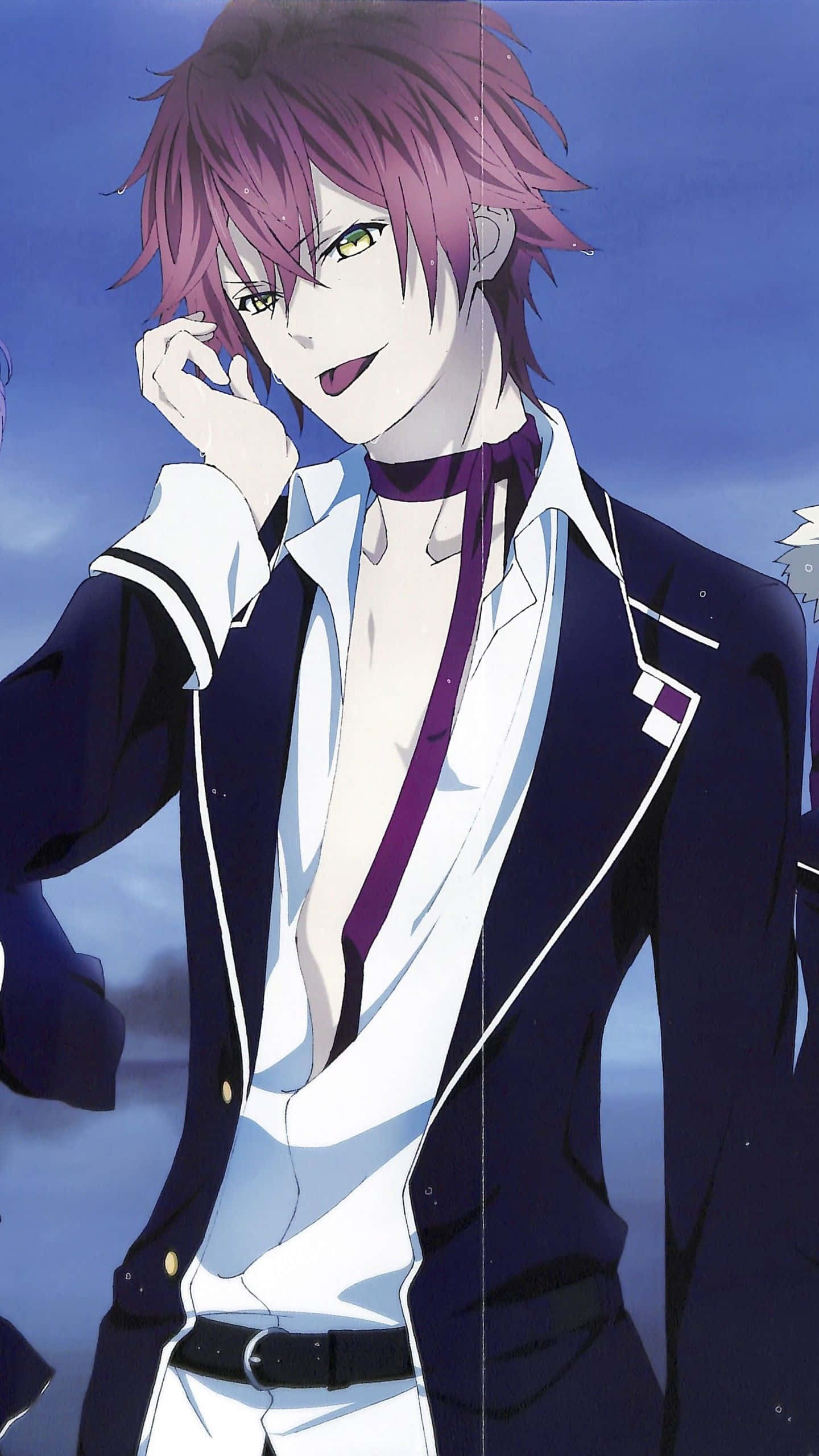 Ayato Sakamaki, spiky purple hair, green eyes, 2K Phone Wallpaper