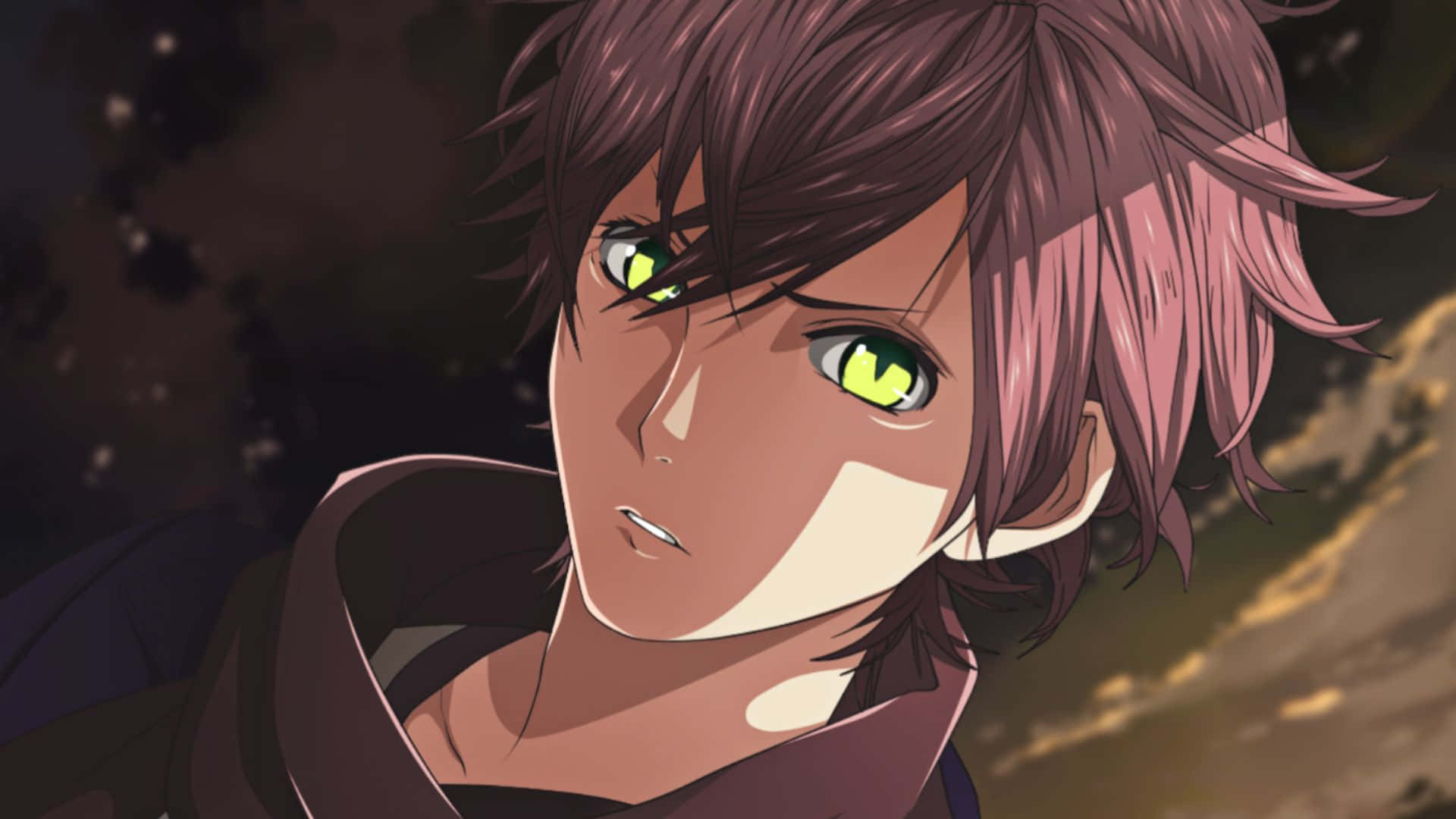 Ayato Sakamaki, glowing green eyes, pinkish-brown hair, Full HD Desktop Wallpaper