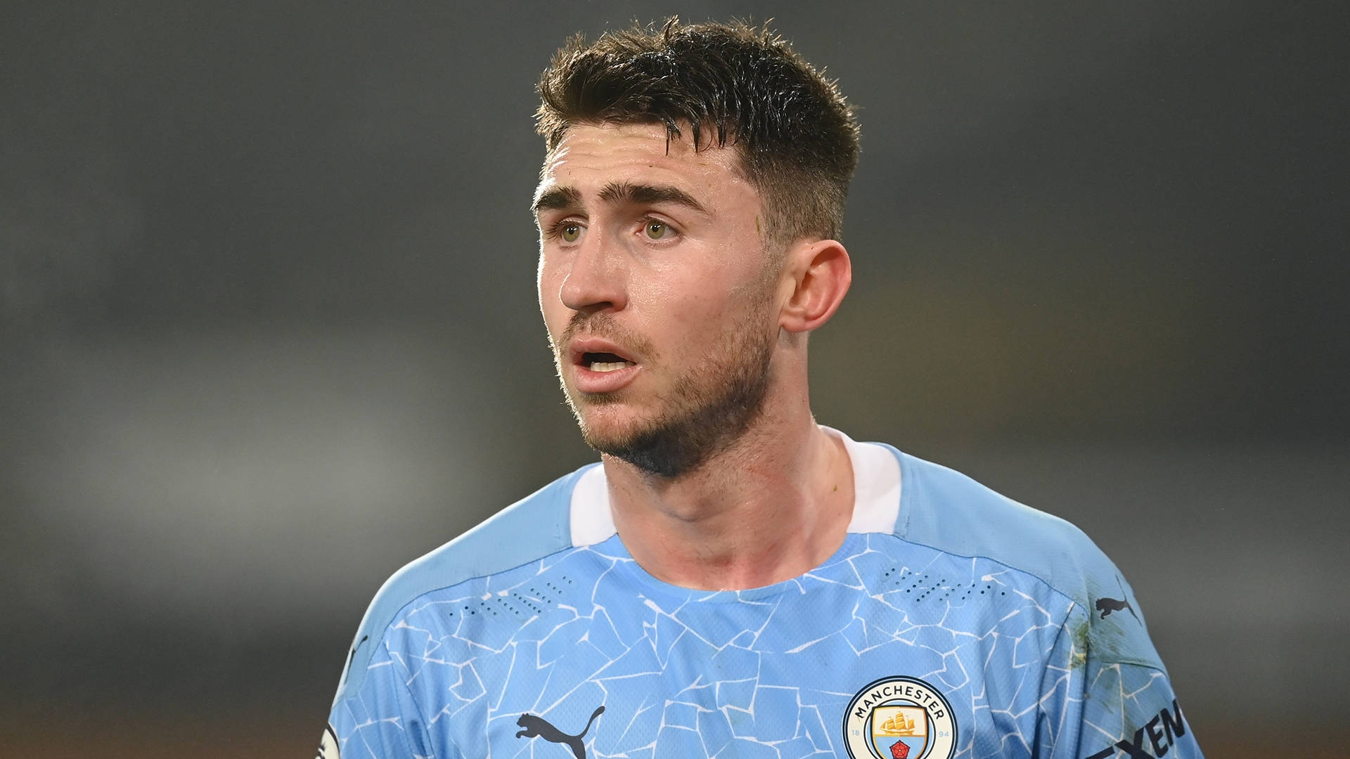 Aymeric Laporte, light blue Manchester City jersey, cracked pattern, Full HD Desktop Wallpaper