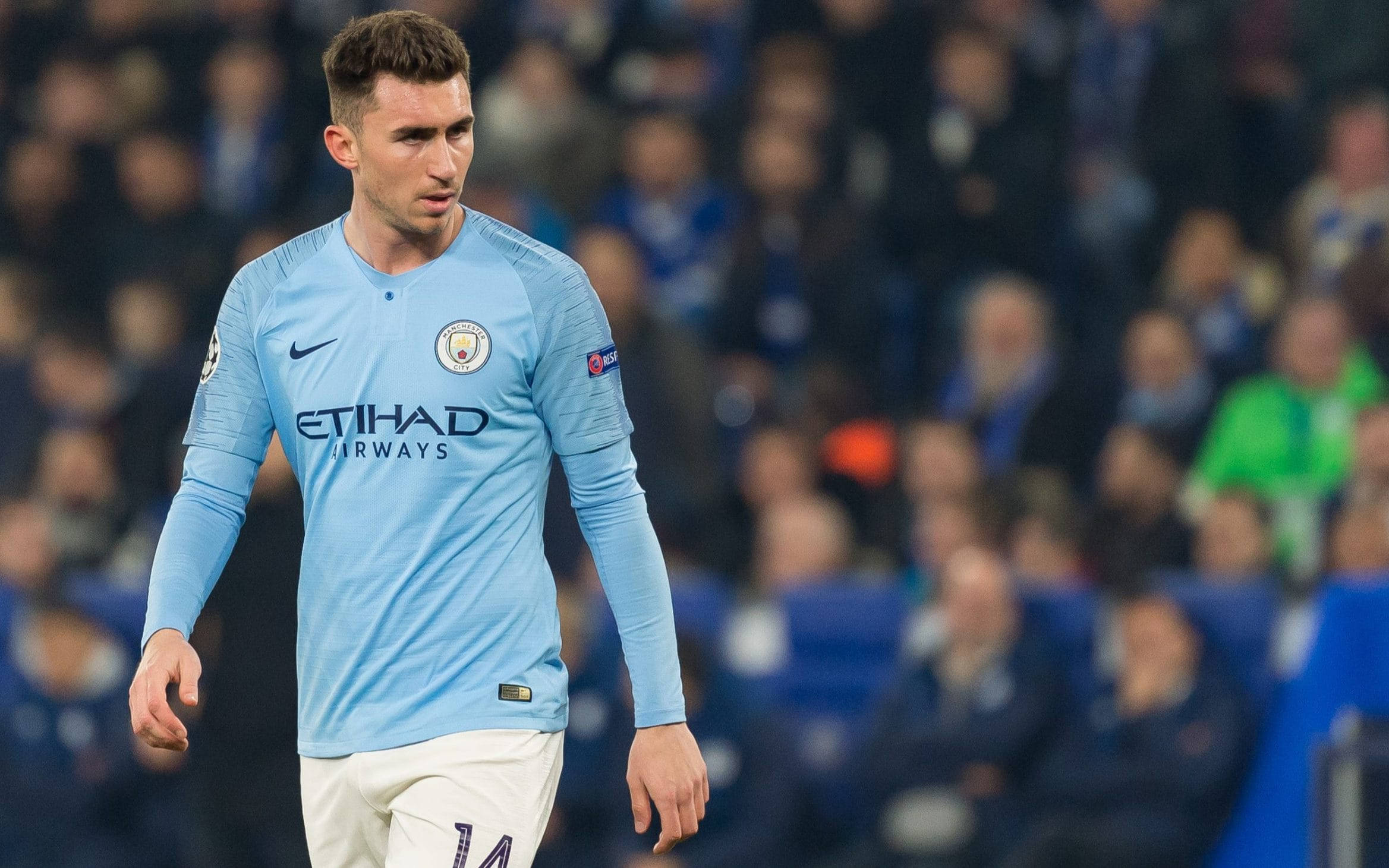 Aymeric Laporte, light blue Manchester City jersey, stadium field, Full HD Desktop Wallpaper