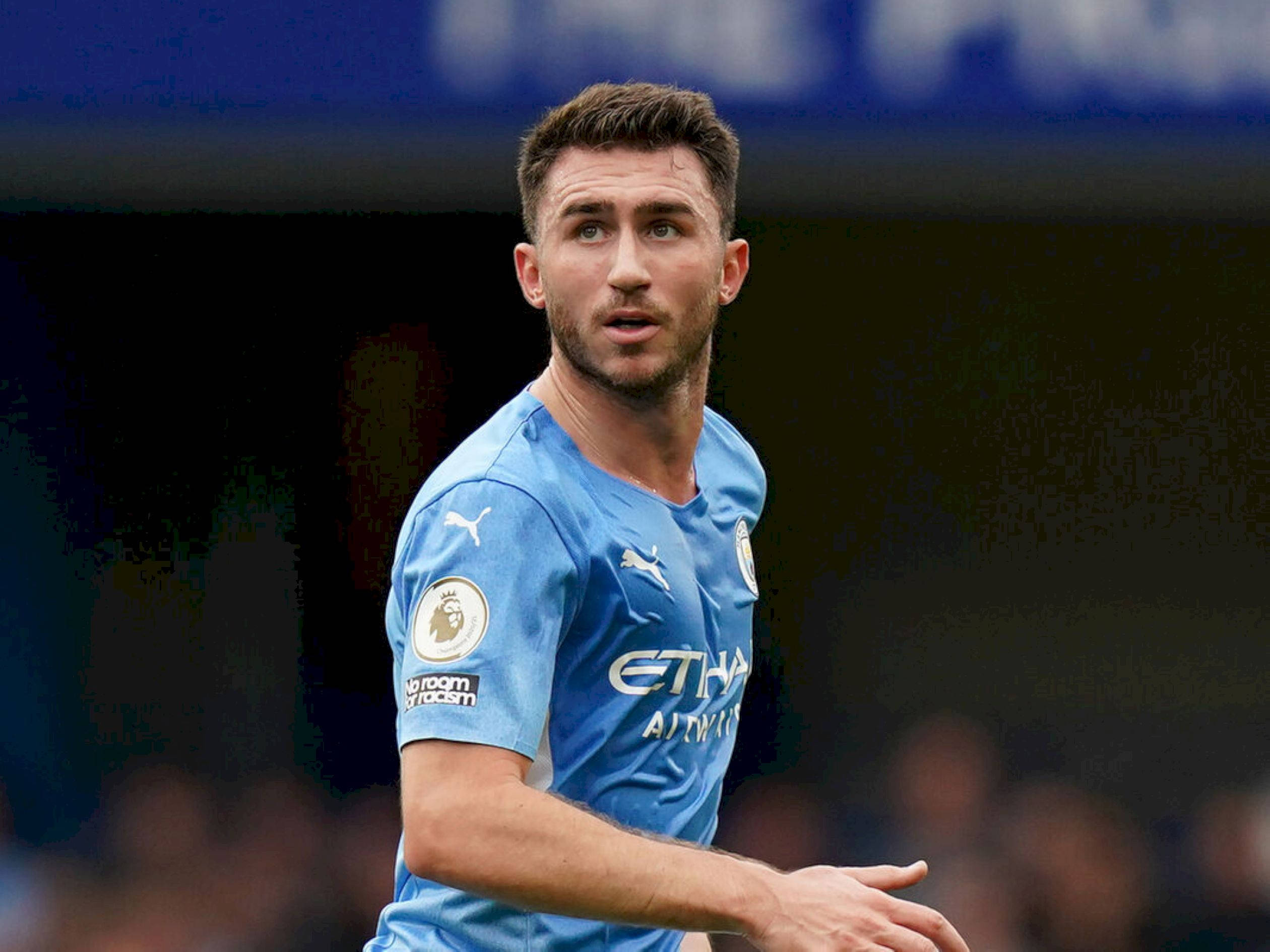Aymeric Laporte, light blue Manchester City jersey, stadium lights, Full HD Desktop Wallpaper