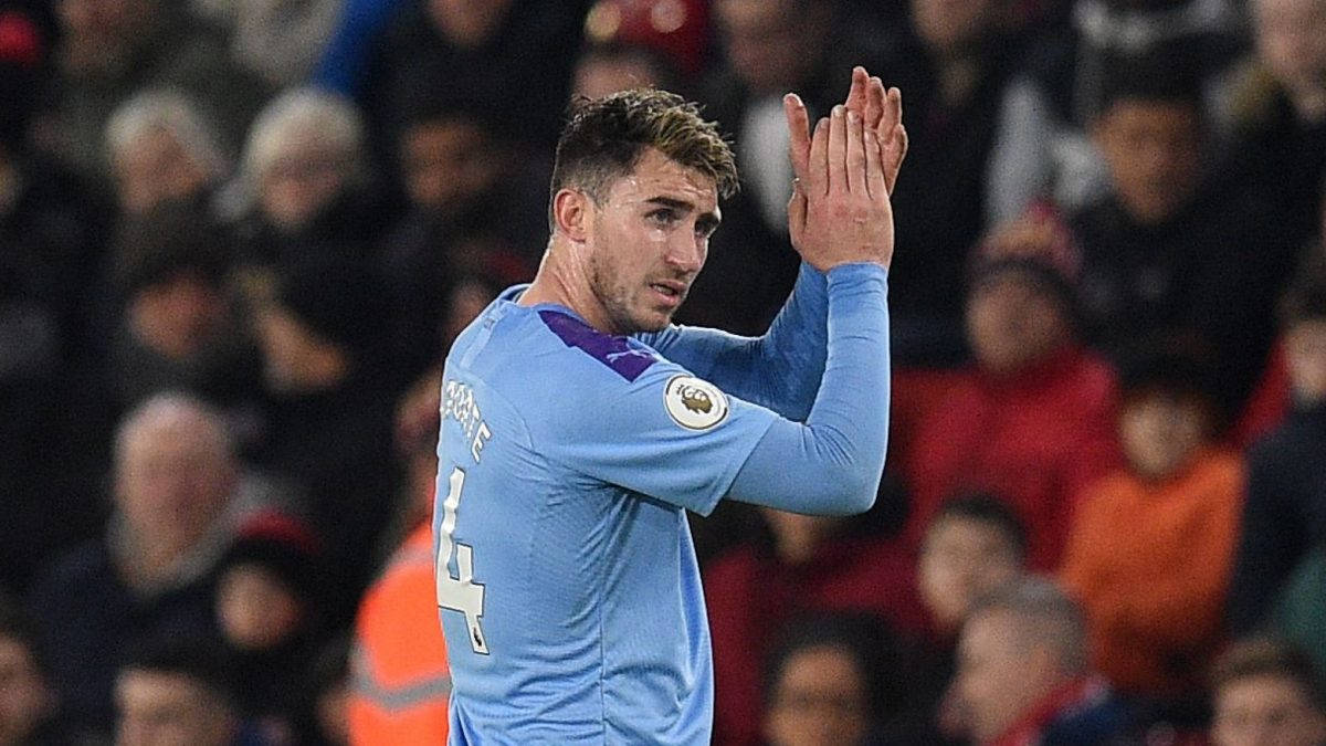 Aymeric Laporte, light blue jersey, stadium, SD Desktop Wallpaper