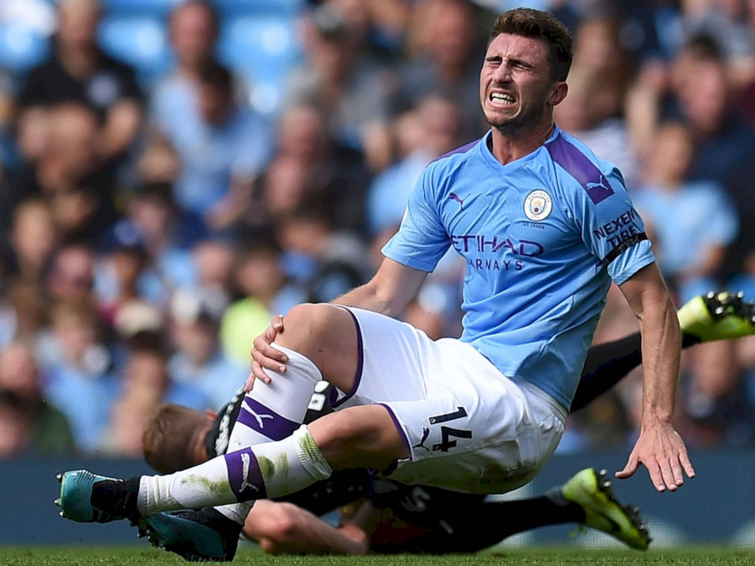 Aymeric Laporte, light blue jersey, grass, Full HD Desktop Wallpaper