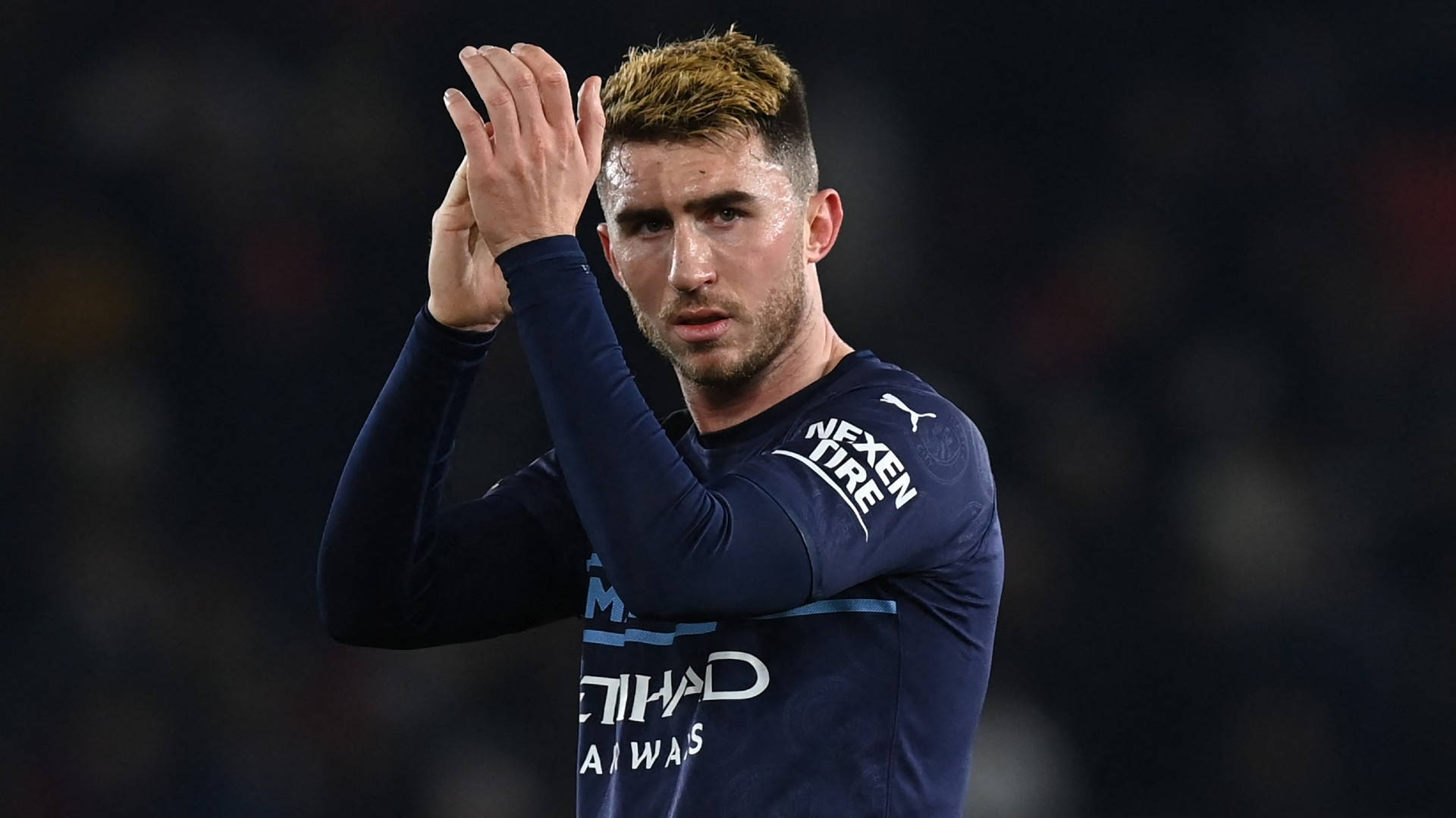 Aymeric Laporte, dark blue jersey, stadium lights, Full HD Desktop Wallpaper