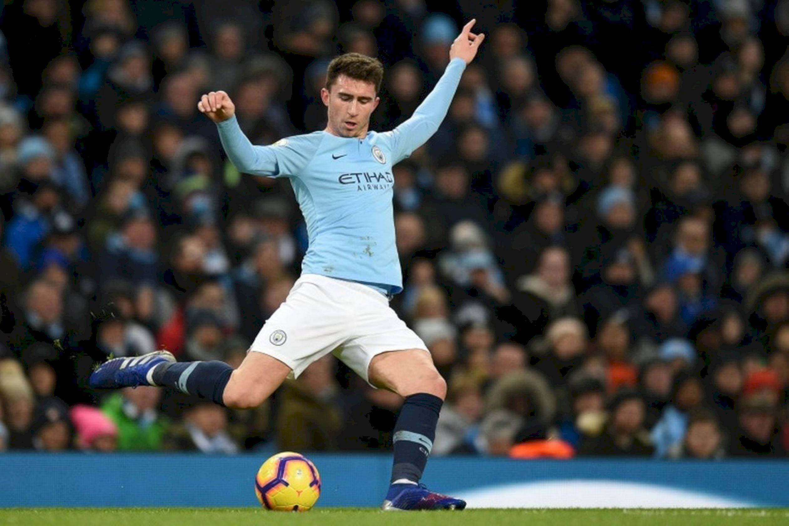 Aymeric Laporte, light blue jersey, colorful ball, Full HD Desktop Wallpaper