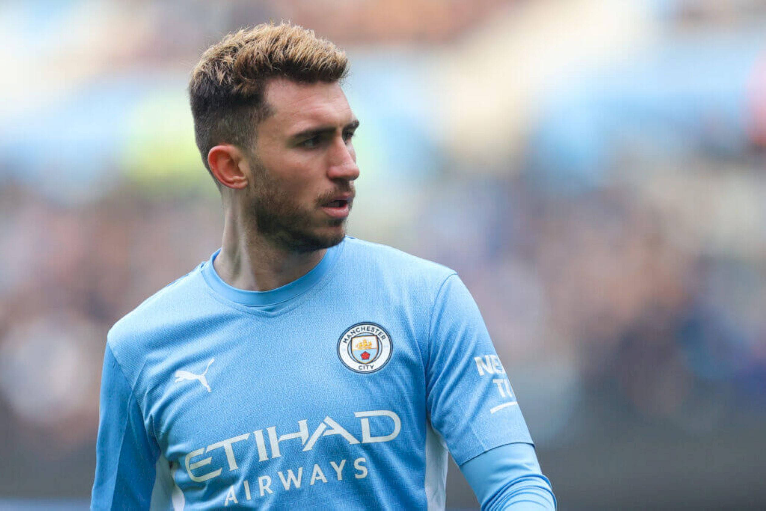 Aymeric Laporte, light blue Manchester City jersey, stadium pitch, Full HD Desktop Wallpaper