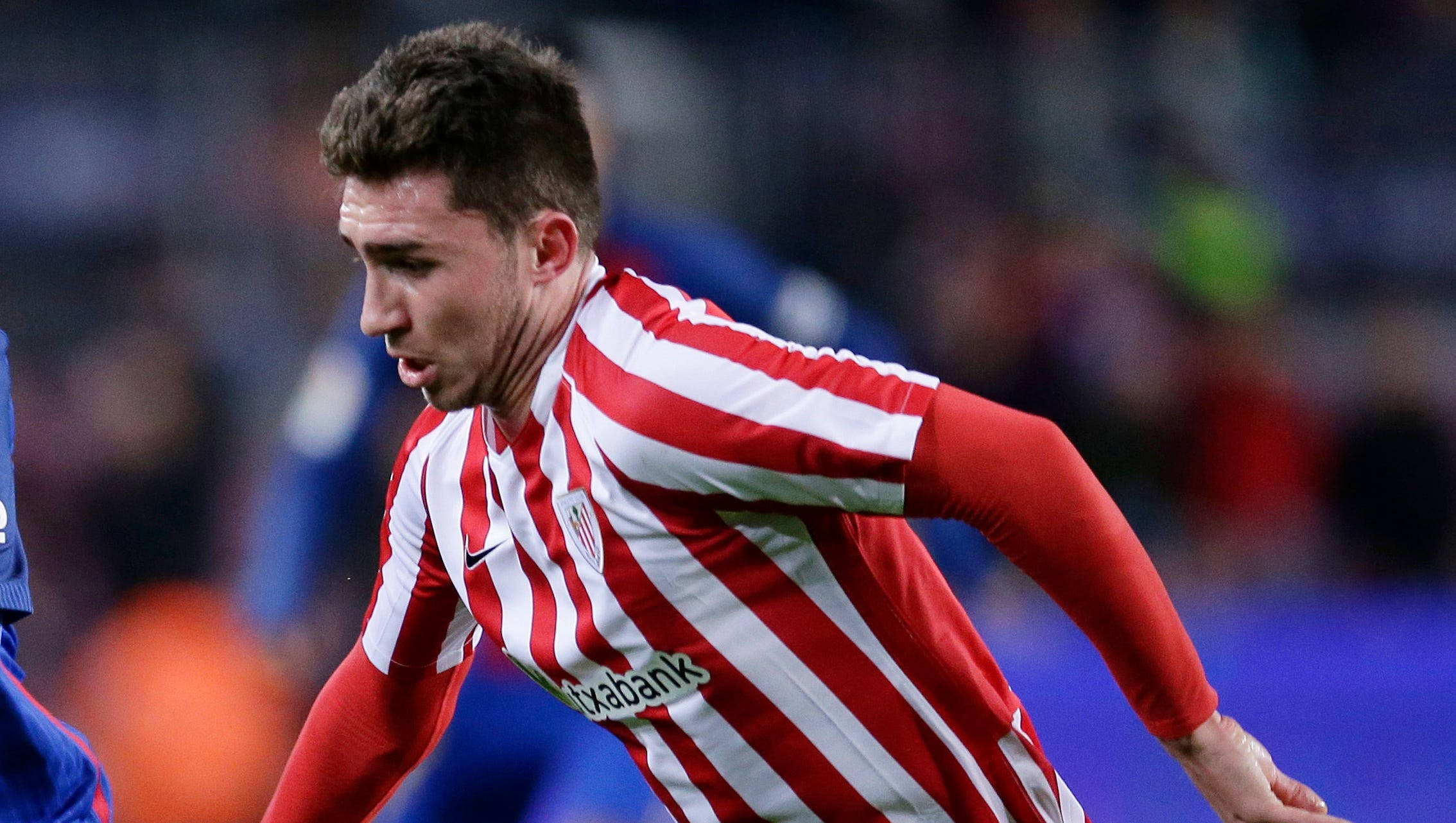 Aymeric Laporte, red and white striped jersey, nighttime match, Full HD Desktop Wallpaper