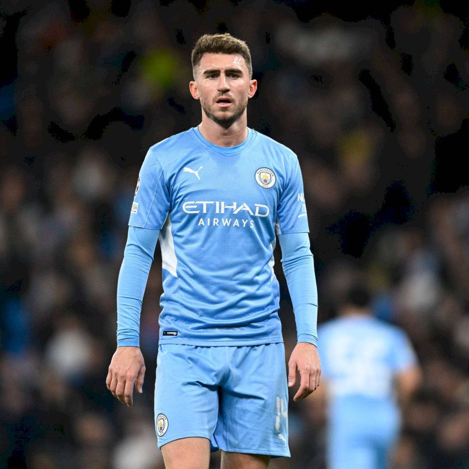 Aymeric Laporte, light blue Manchester City kit, pitch, Full HD Desktop Wallpaper