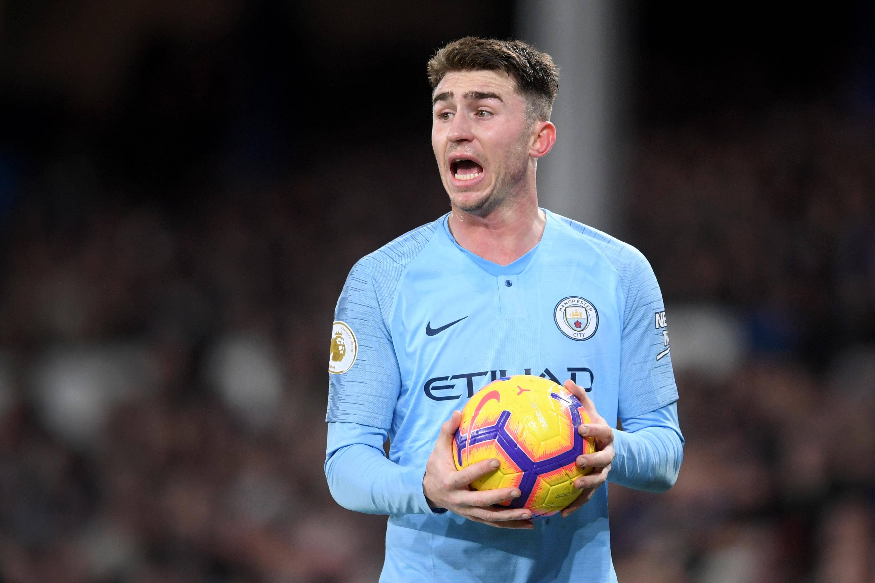 Aymeric Laporte, light blue jersey, vibrant yellow and purple ball, 2K Desktop Wallpaper