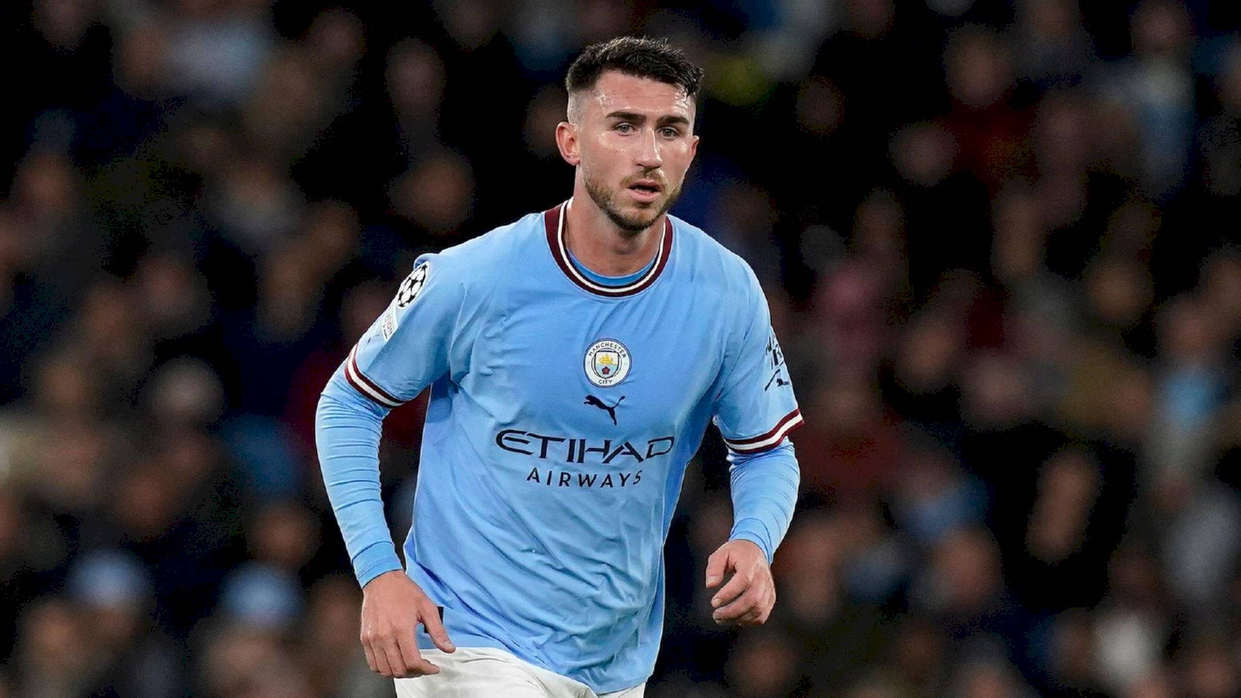 Aymeric Laporte, light blue Manchester City jersey, night match, Full HD Desktop Wallpaper