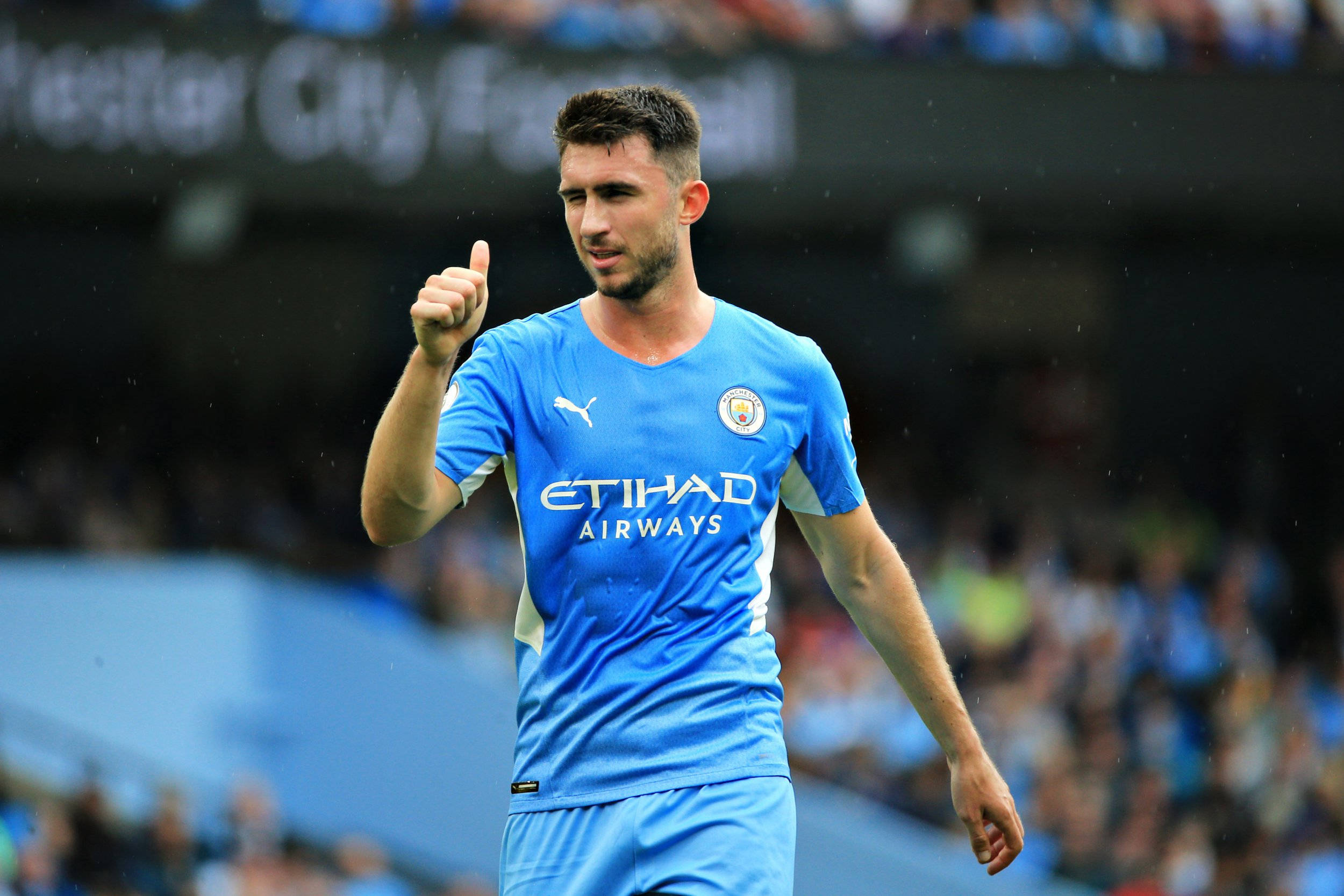 Aymeric Laporte, blue Manchester City jersey, rainy day, Full HD Desktop Wallpaper