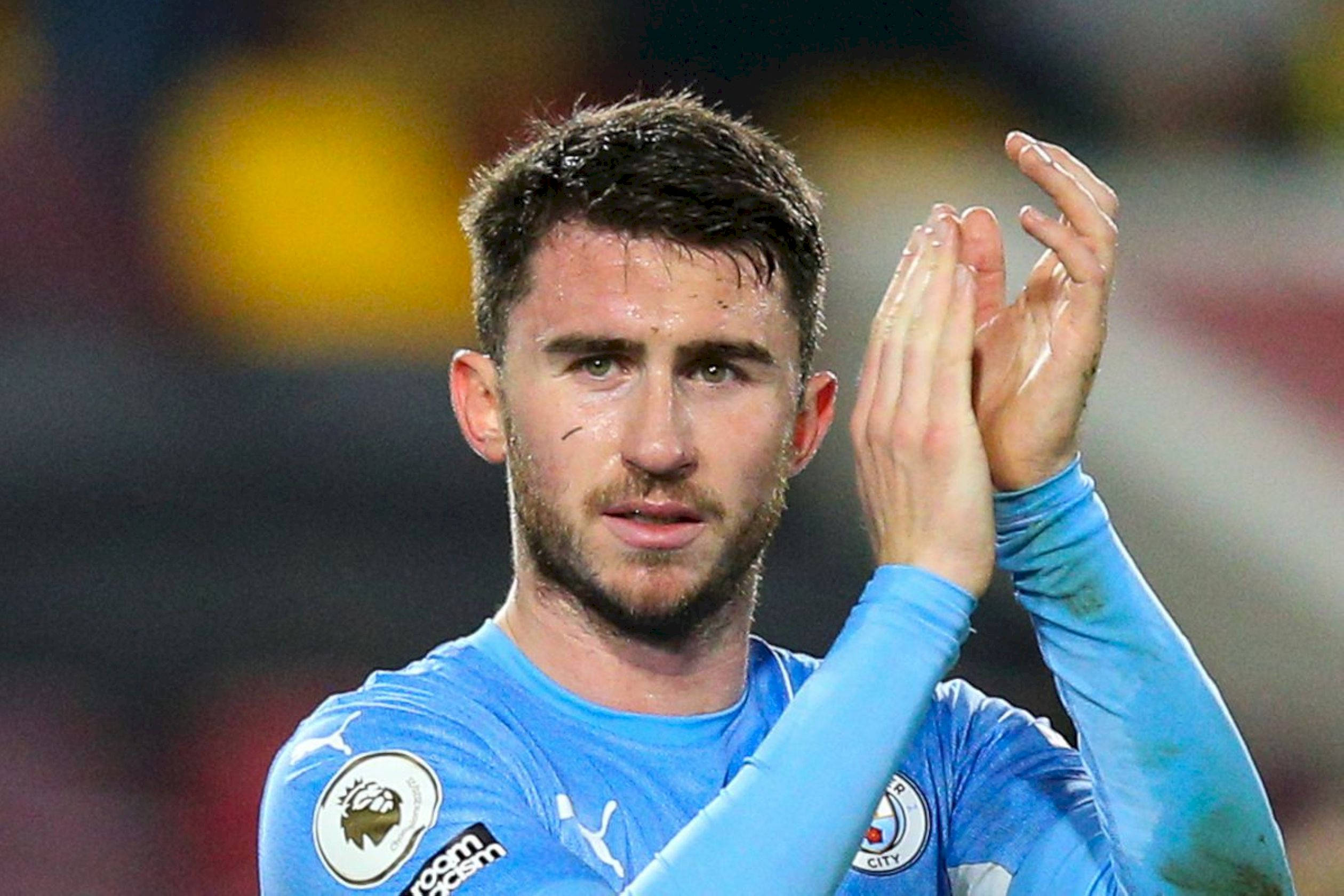 Aymeric Laporte, blue jersey, stadium lights, Full HD Desktop Wallpaper
