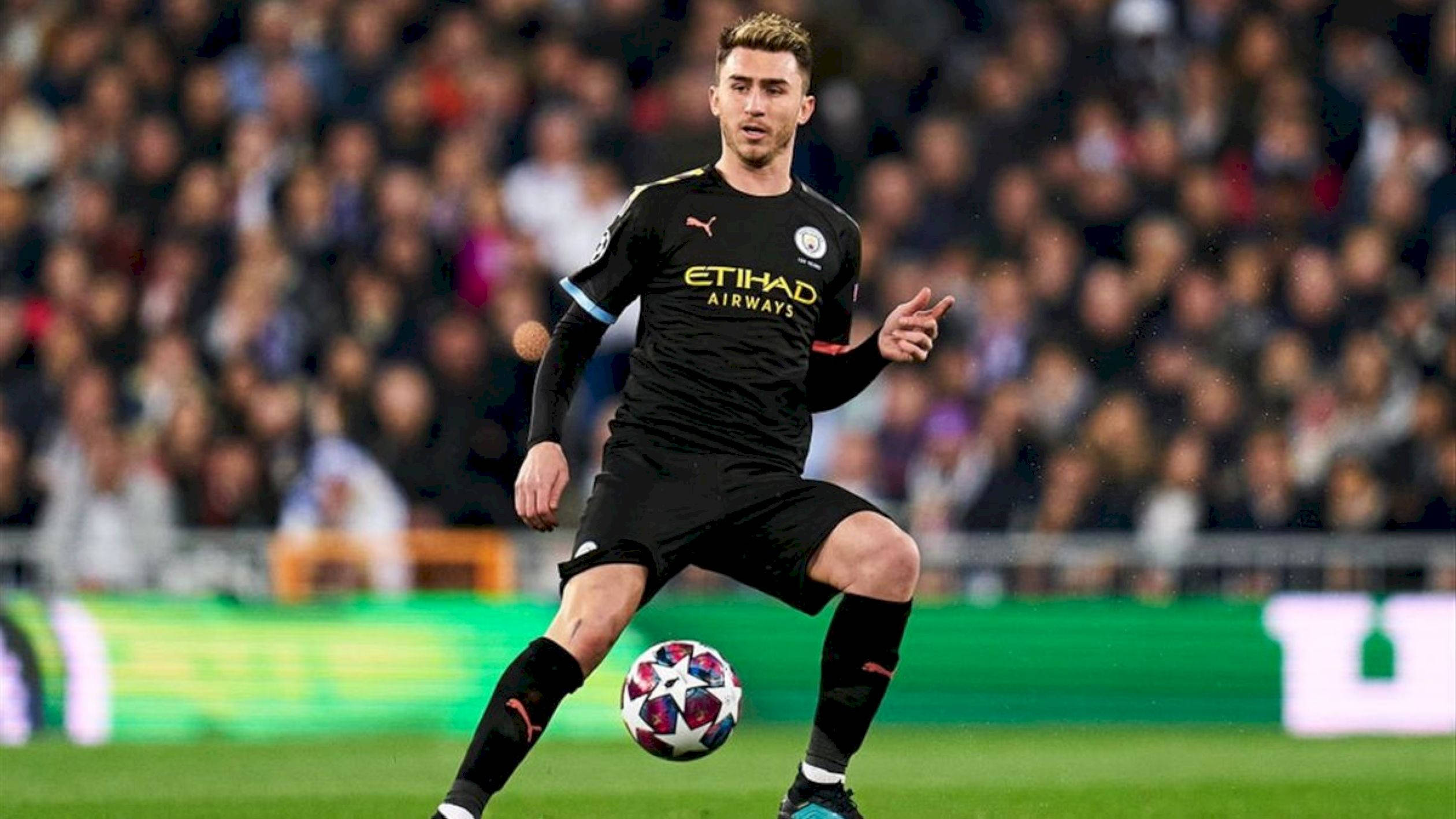 Aymeric Laporte, black kit, colorful ball, Full HD Desktop Wallpaper