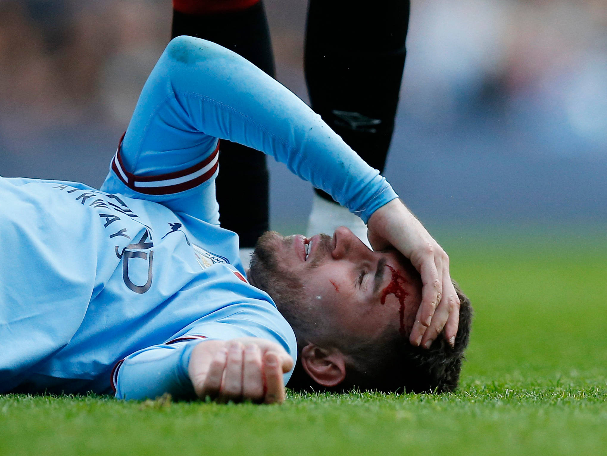 Aymeric Laporte, light blue jersey, grass, Full HD Desktop Wallpaper