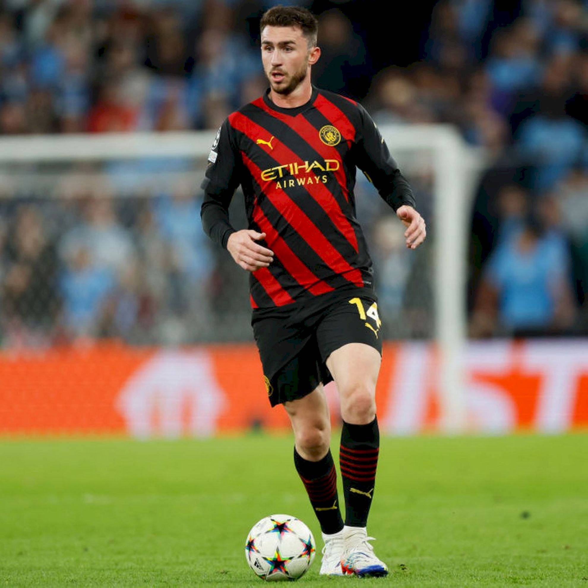 Aymeric Laporte, red and black striped jersey, star-patterned ball, Full HD Desktop Wallpaper