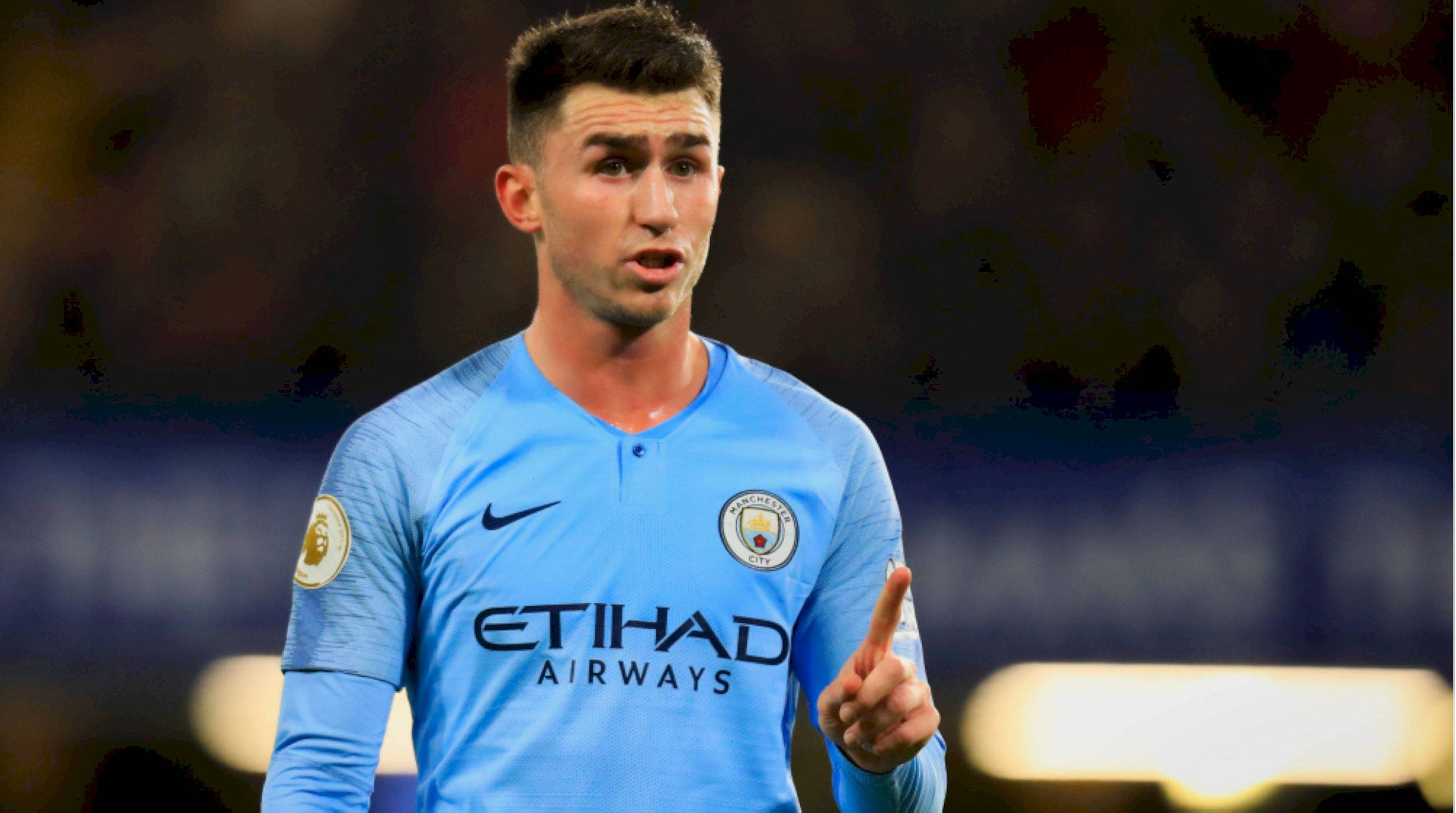 Aymeric Laporte, light blue Manchester City jersey, stadium lights, Full HD Desktop Wallpaper