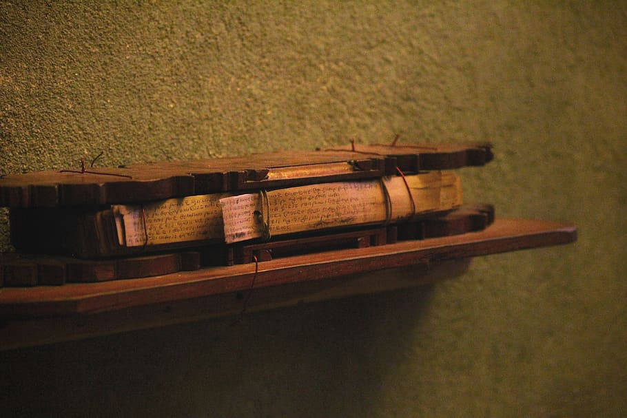 old manuscript, handwritten scrolls, wooden shelf, SD Desktop Wallpaper