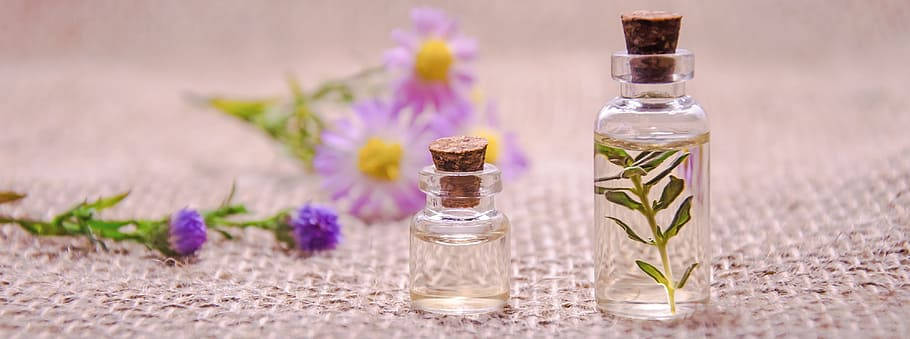 Ayurveda HD, essential oils, glass bottles with cork stoppers, SD Desktop Wallpaper