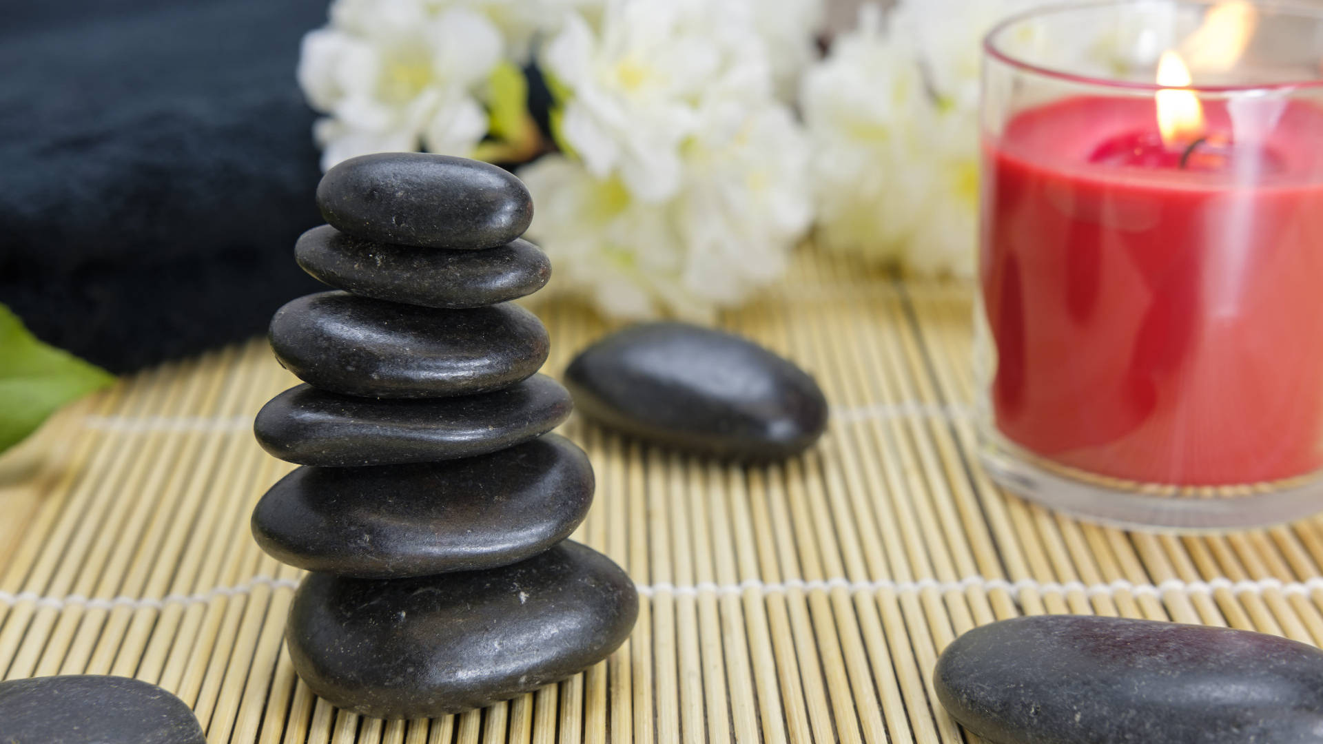 Ayurveda HD, black pebbles, bamboo mat, Full HD Desktop Wallpaper